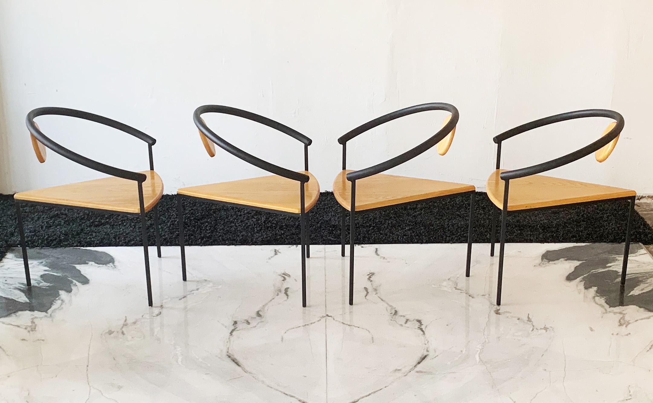 Set of 4 Postmodern Three-Legged Dining Chairs In Good Condition In Culver City, CA