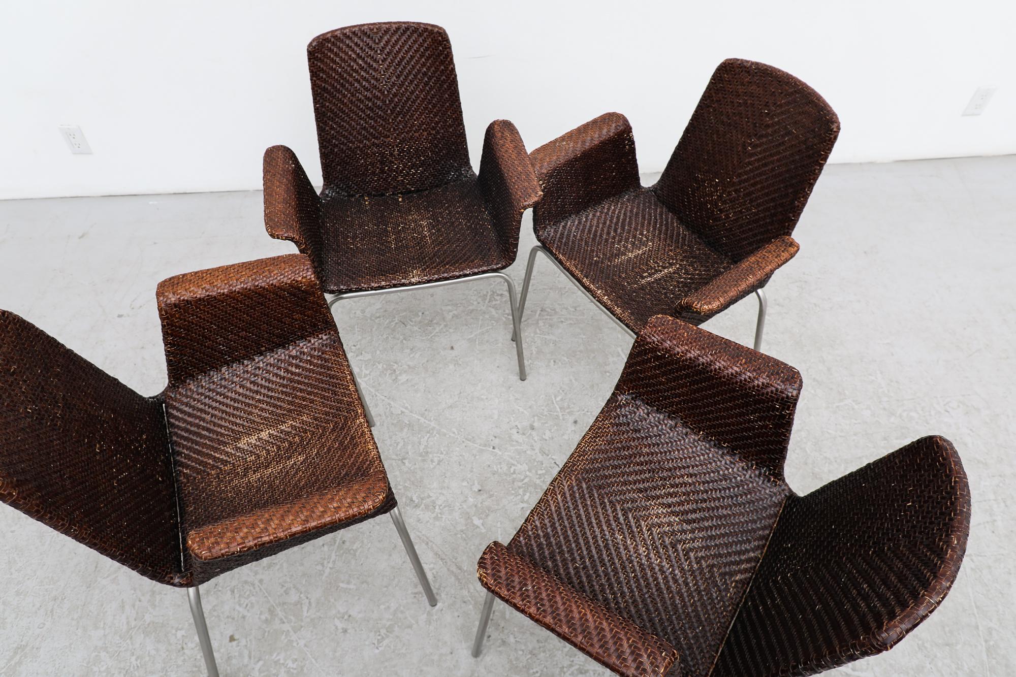 Set of 4 Preben Fabricius Inspired Dark Brown Woven Leather Dining Armchairs For Sale 3