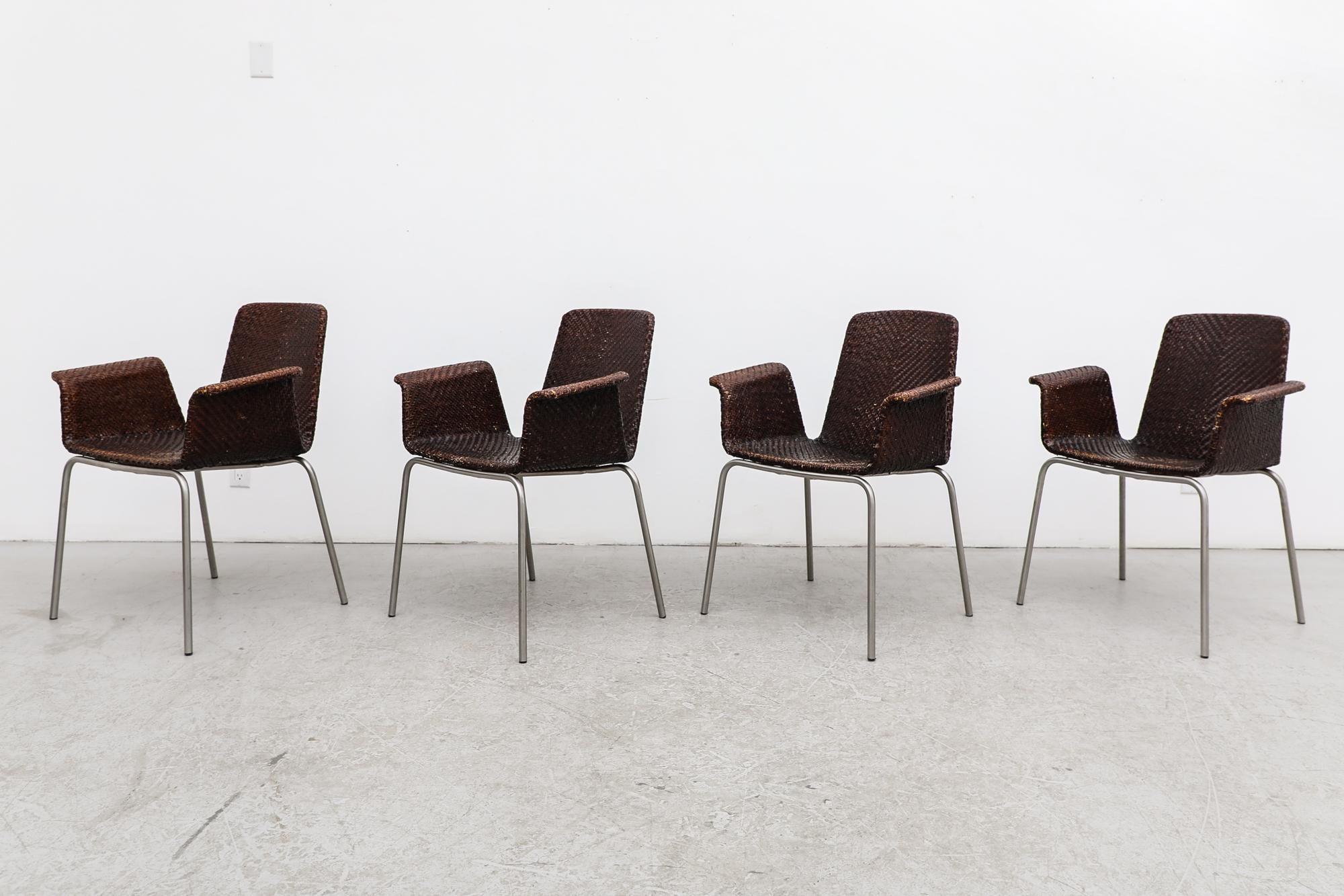 Mid-Century Modern Lot de 4 fauteuils de salle à manger en cuir tressé Preben Fabricius Inspired Dark Brown en vente
