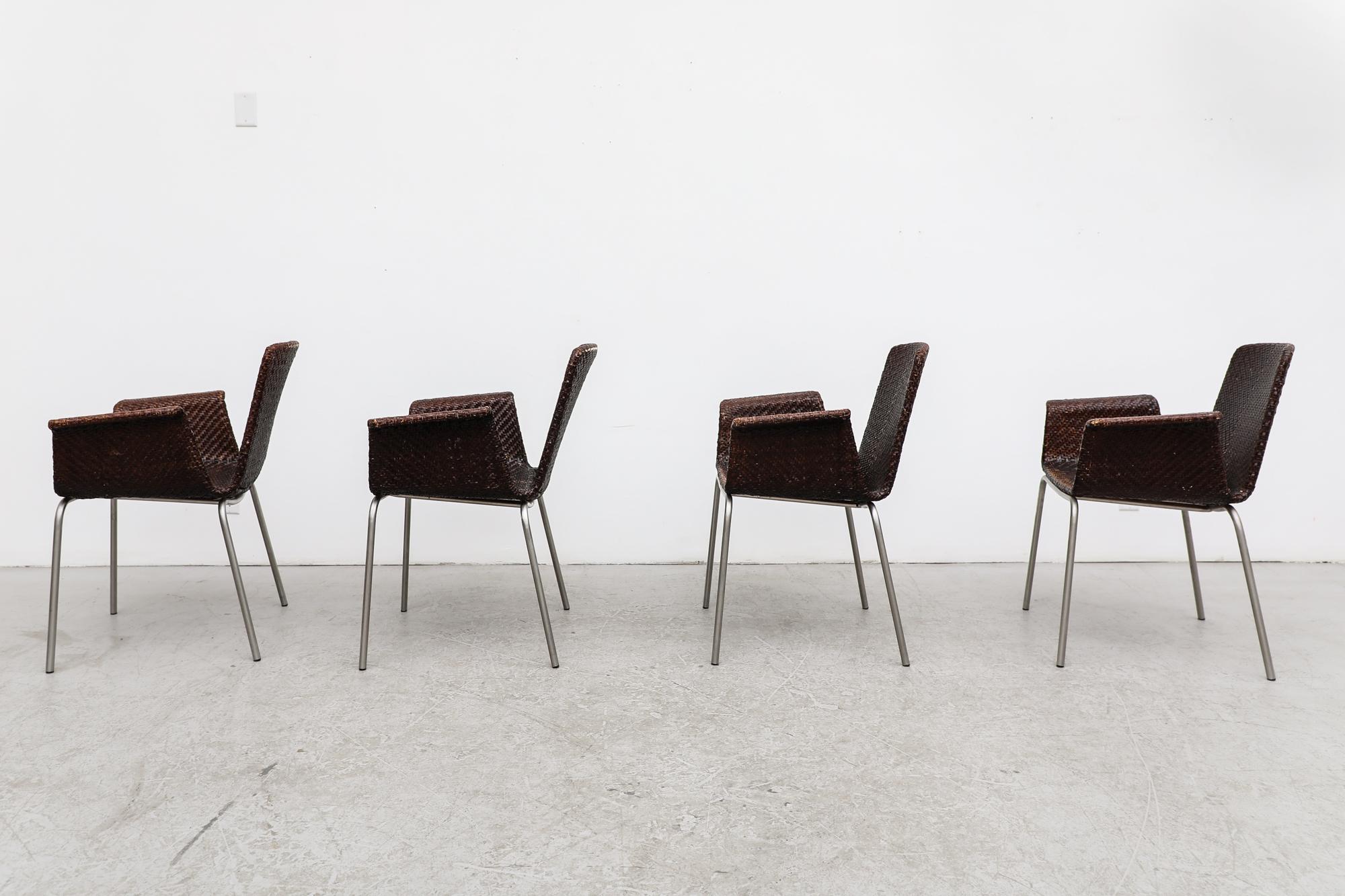 Néerlandais Lot de 4 fauteuils de salle à manger en cuir tressé Preben Fabricius Inspired Dark Brown en vente