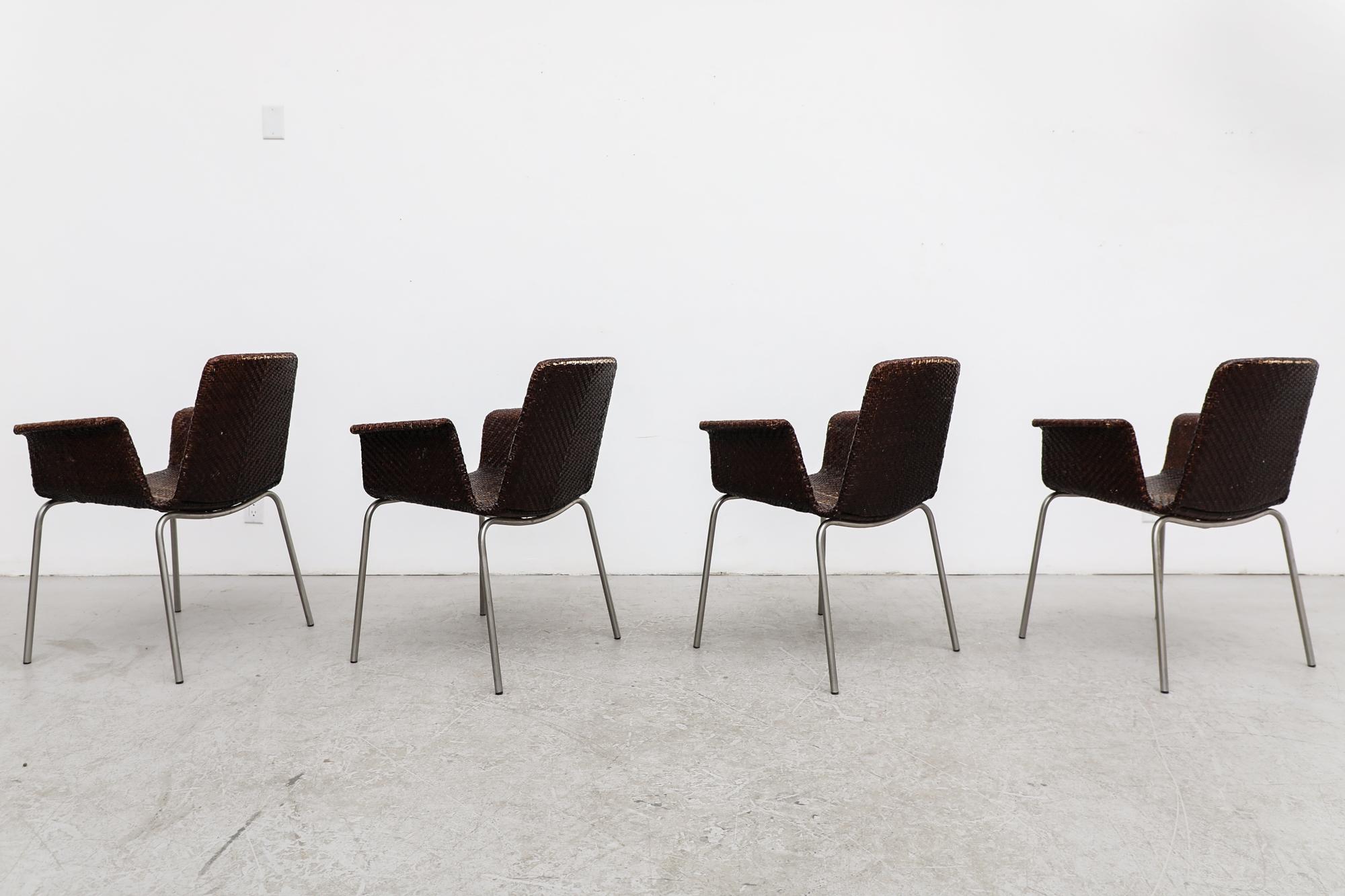 Lot de 4 fauteuils de salle à manger en cuir tressé Preben Fabricius Inspired Dark Brown Bon état - En vente à Los Angeles, CA
