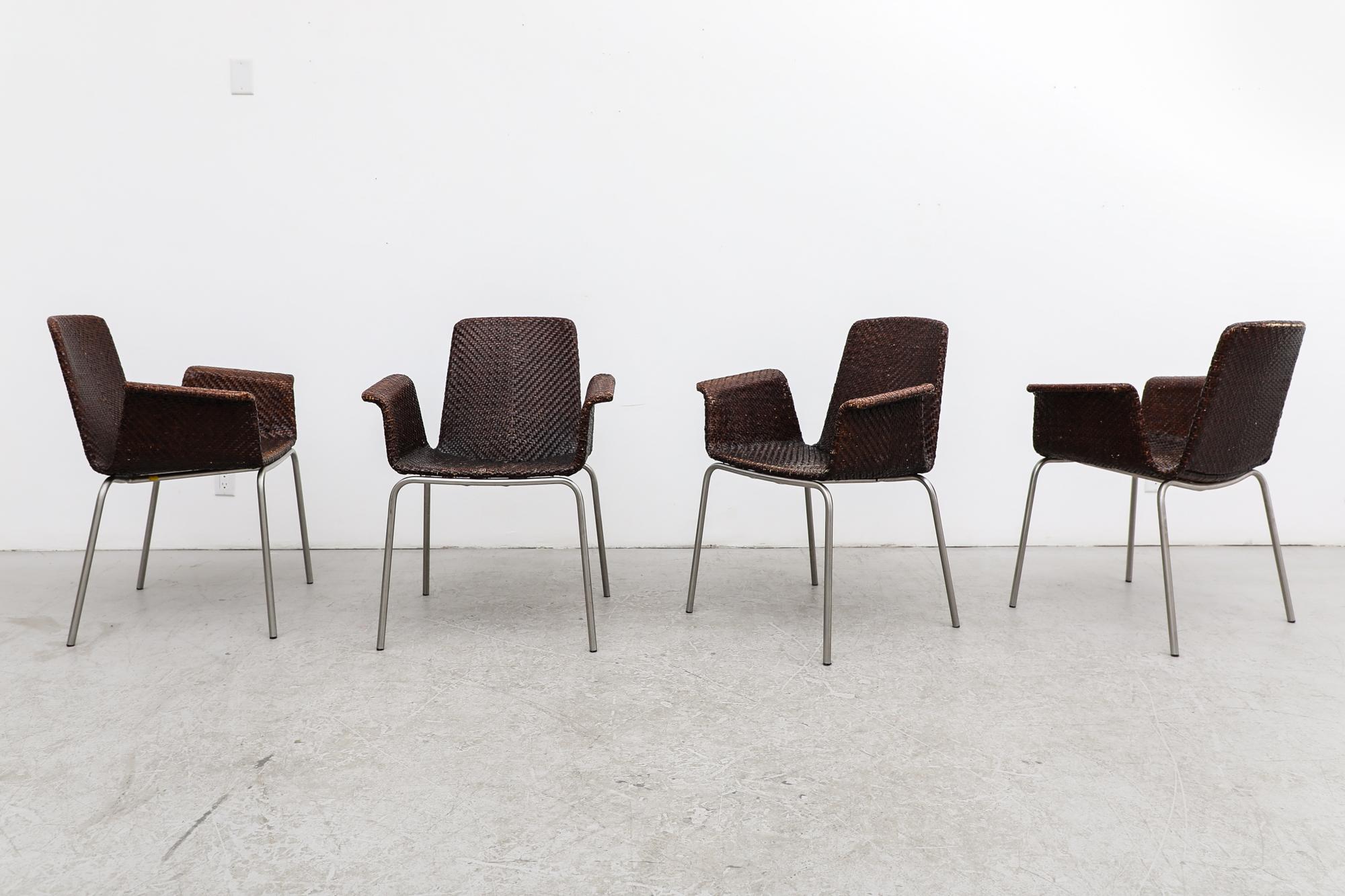 Milieu du XXe siècle Lot de 4 fauteuils de salle à manger en cuir tressé Preben Fabricius Inspired Dark Brown en vente
