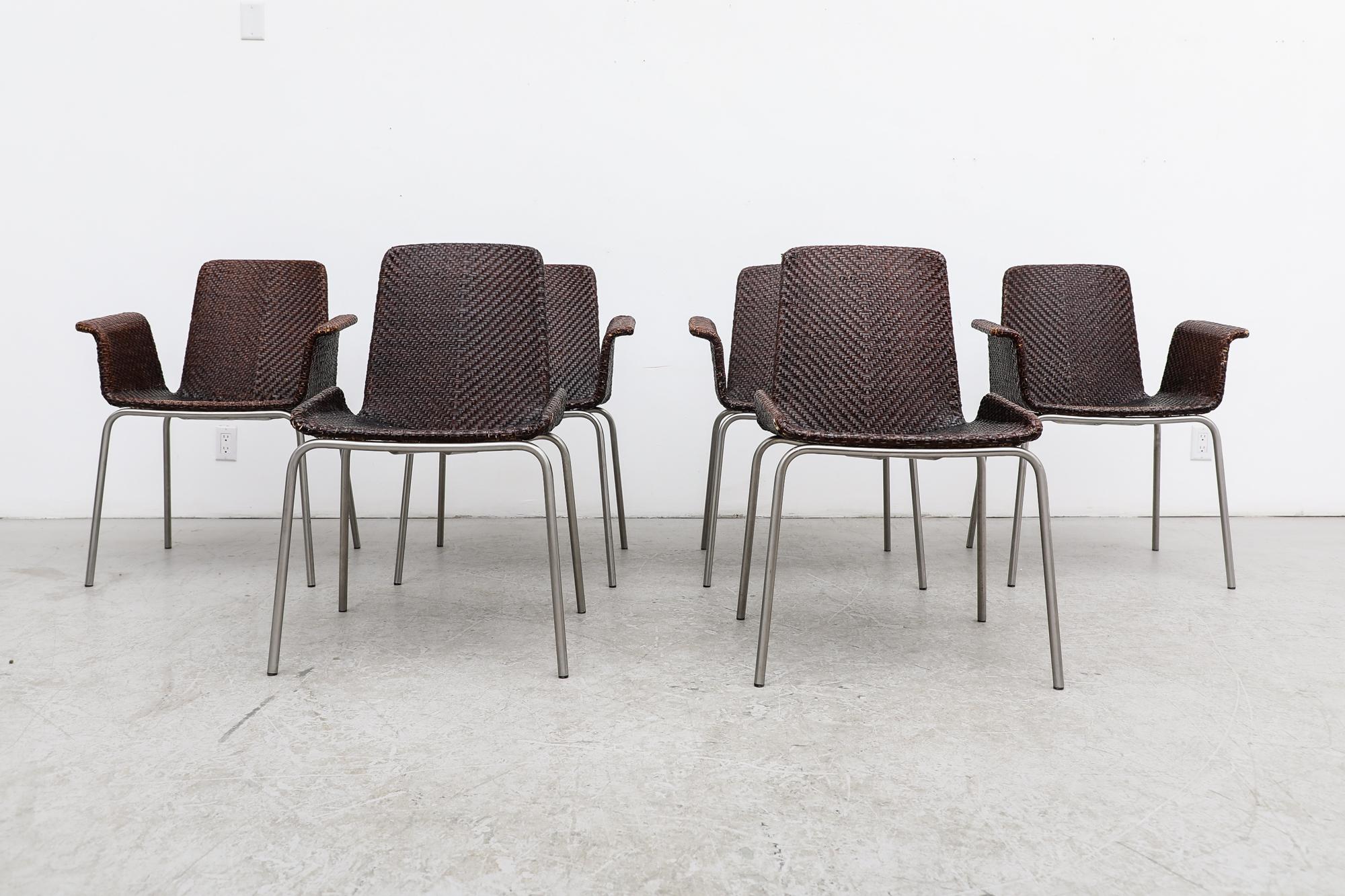 Mid-20th Century Set of 4 Preben Fabricius Inspired Dark Brown Woven Leather Dining Armchairs For Sale