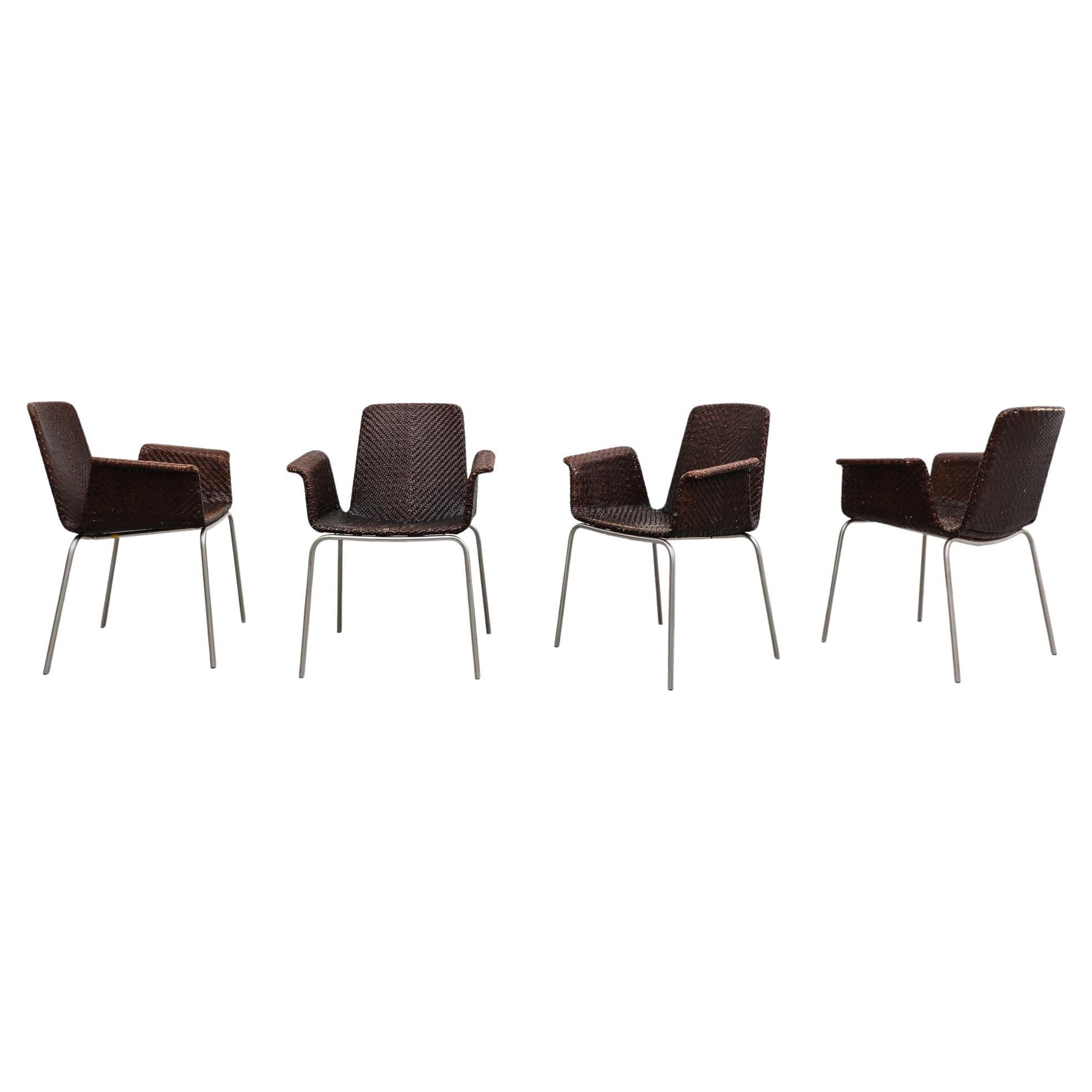 Set of 4 Preben Fabricius Inspired Dark Brown Woven Leather Dining Armchairs