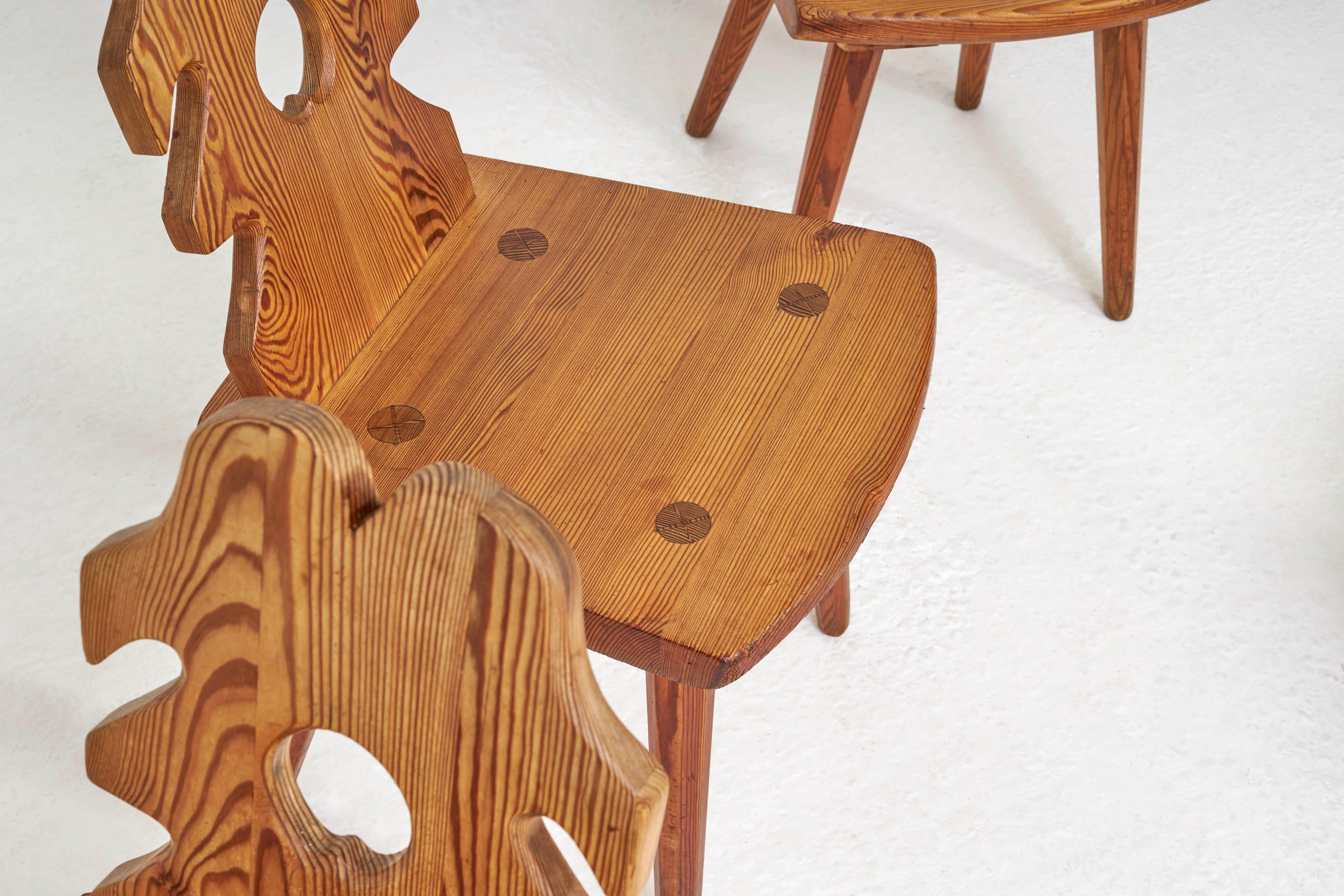 20th Century Set of 4 Primitive Brutalist Alpine Swedish Solid Pine Mid-Century Dining Chairs