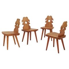 Set of 4 Primitive Brutalist Alpine Swedish Solid Pine Mid-Century Dining Chairs