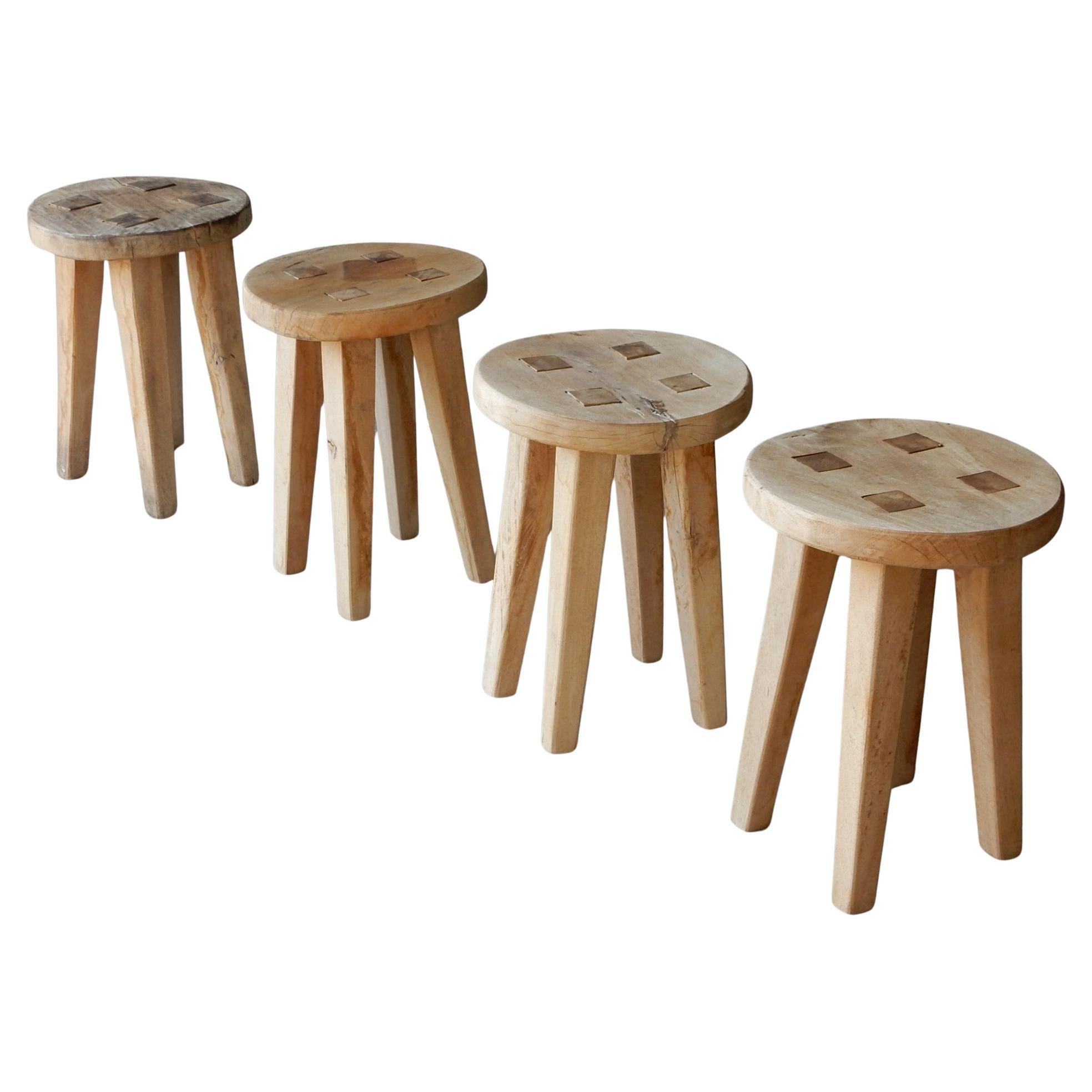 Set of 4 Primitive Wabi Sabi Wood Stools In Fair Condition For Sale In Las Vegas, NV
