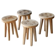 Set of 4 Primitive Wabi Sabi Wood Stools