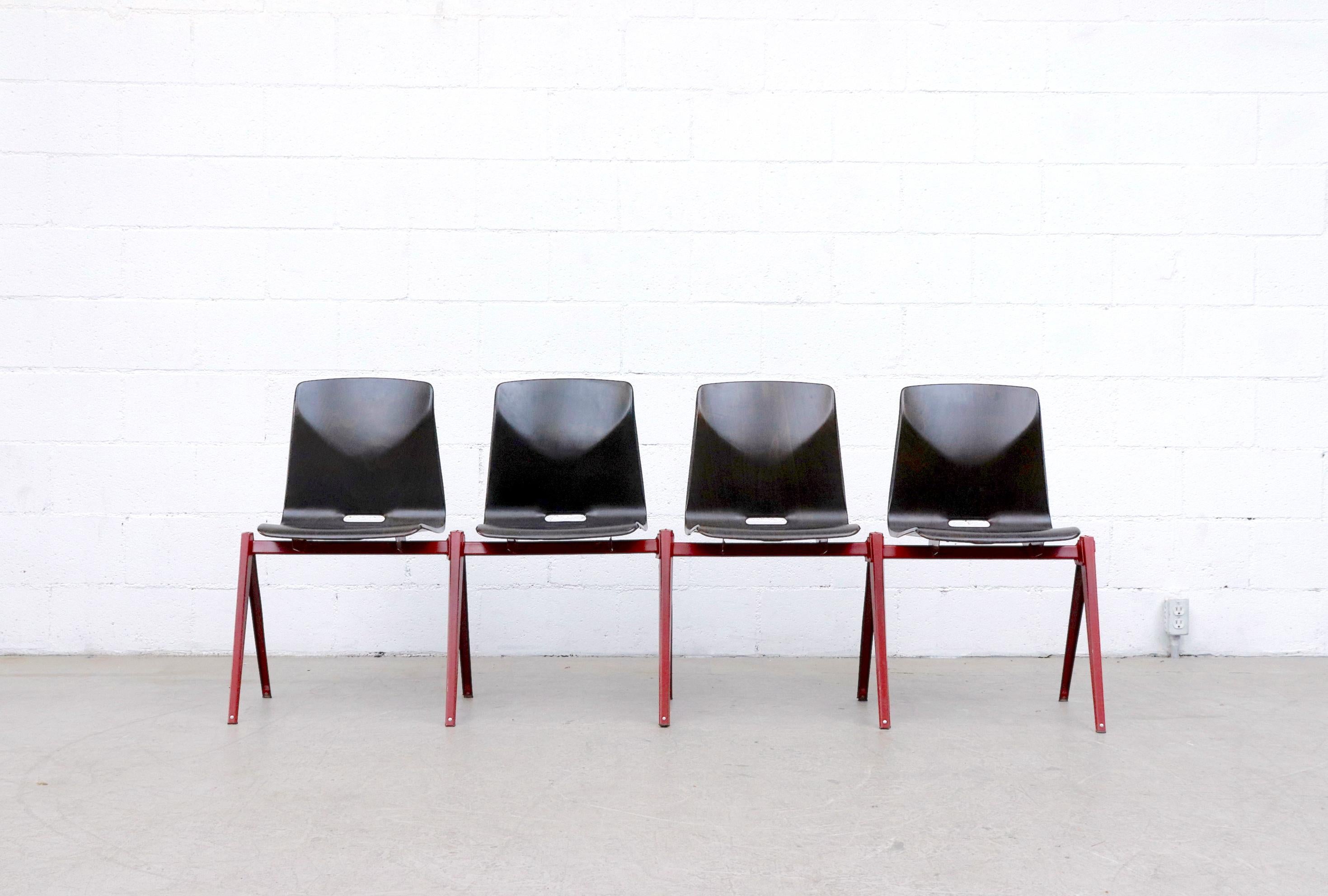 Mid-Century Modern Set of 4 Prouve Style Single Shell Stacking Chair with Wine Red Legs