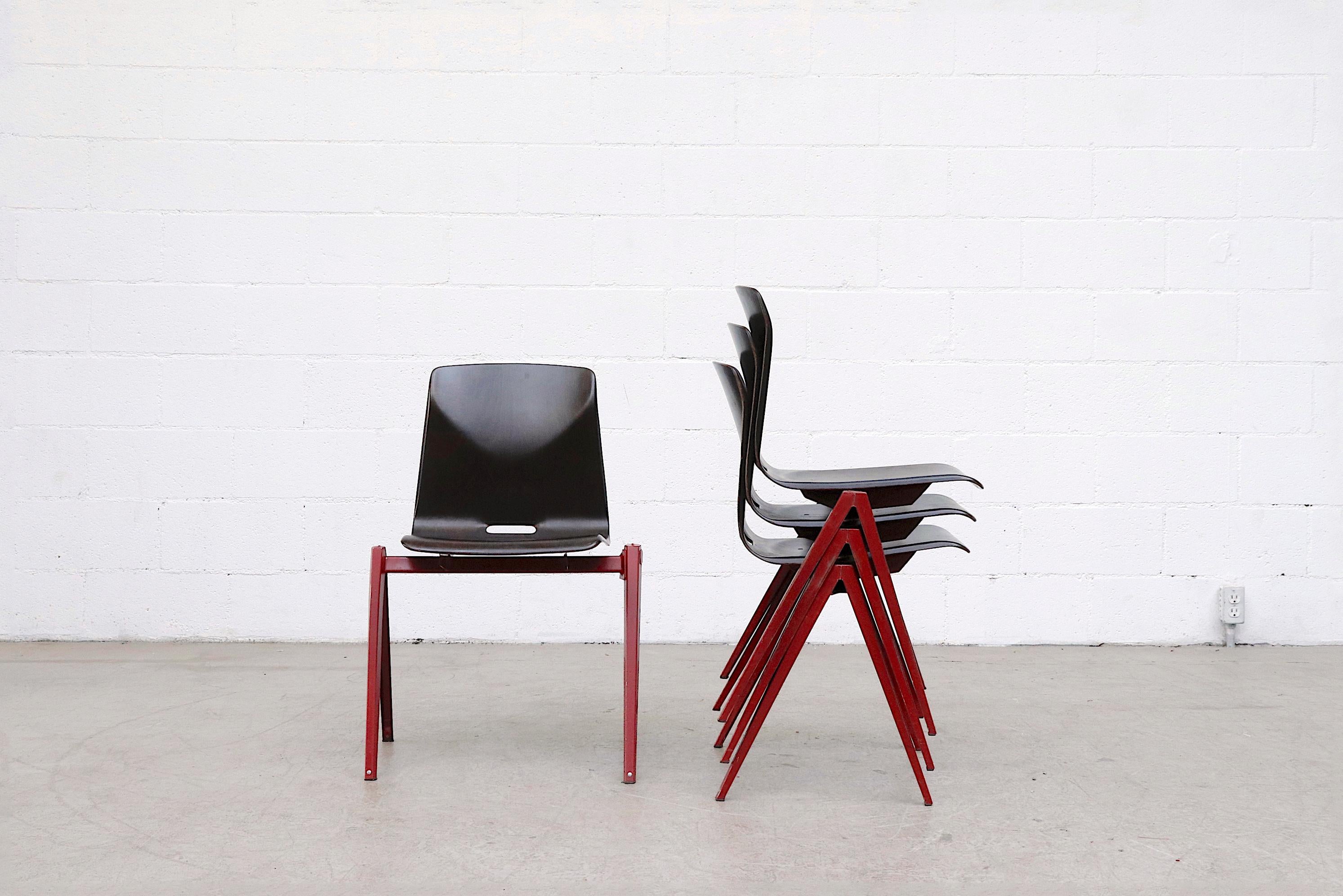 Dutch Set of 4 Prouve Style Single Shell Stacking Chair with Wine Red Legs