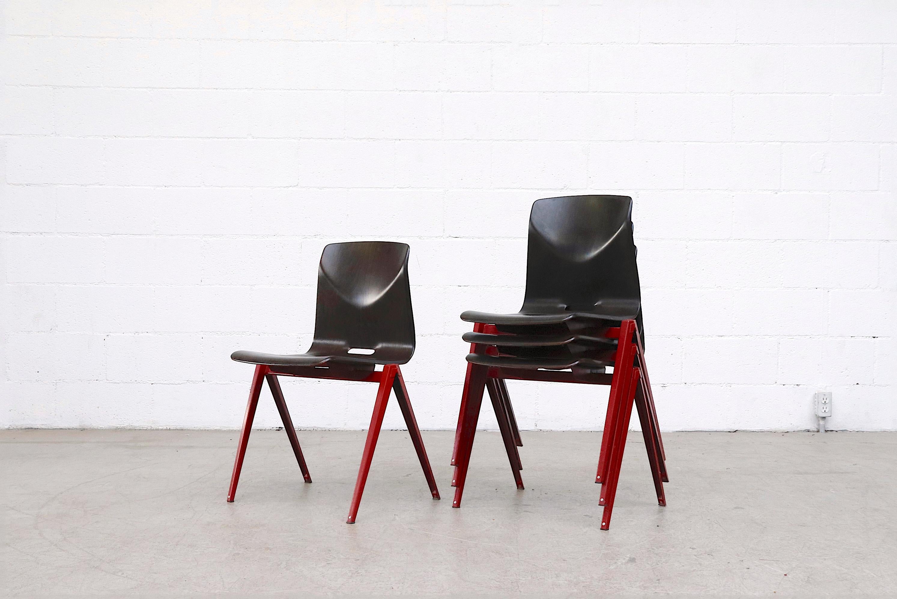 Enameled Set of 4 Prouve Style Single Shell Stacking Chair with Wine Red Legs