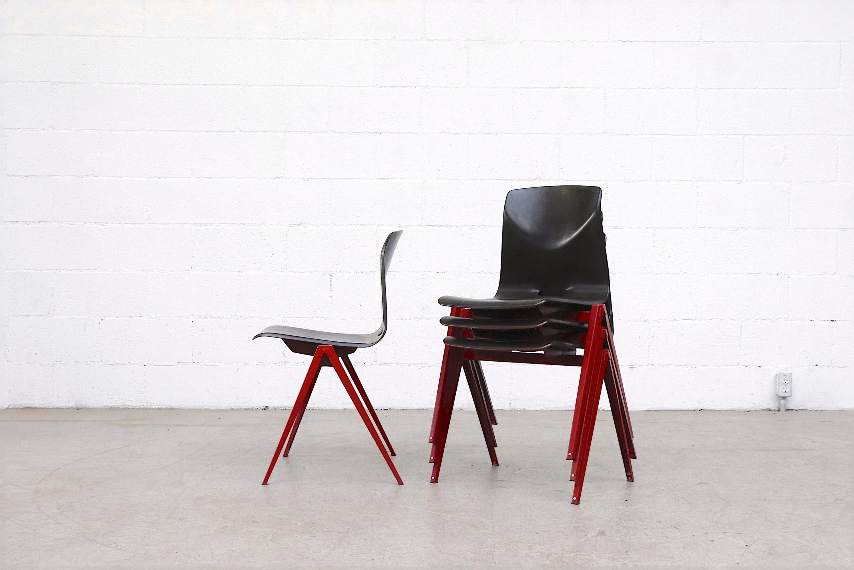 Set of 4 Prouve Style Single Shell Stacking Chair with Wine Red Legs In Good Condition In Los Angeles, CA
