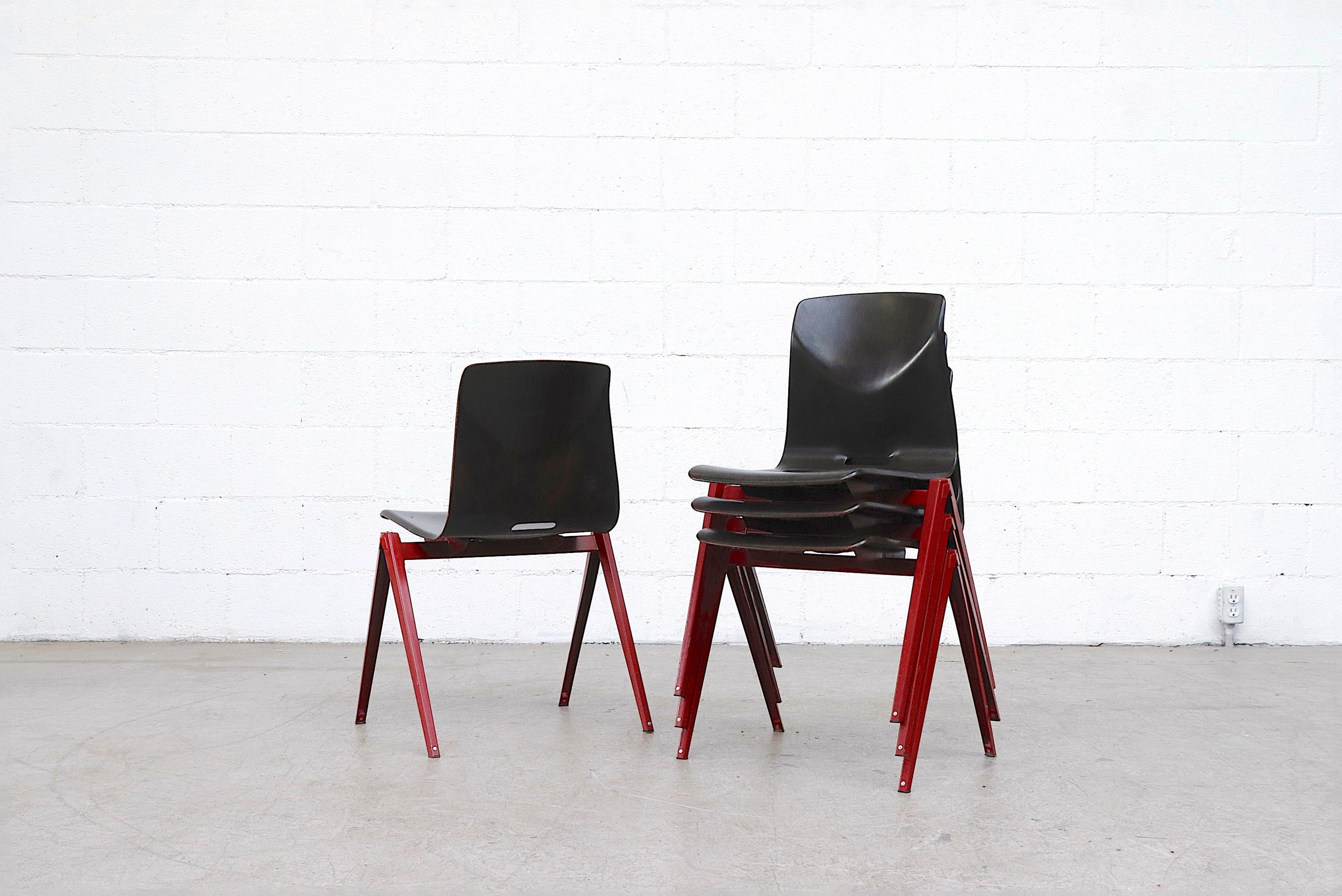 Late 20th Century Set of 4 Prouve Style Single Shell Stacking Chair with Wine Red Legs