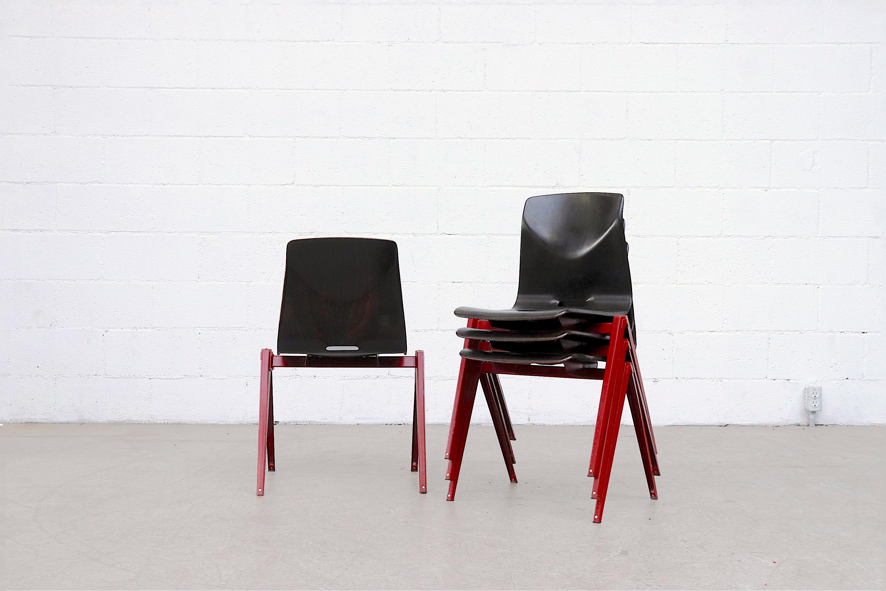 Metal Set of 4 Prouve Style Single Shell Stacking Chair with Wine Red Legs