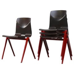 Set of 4 Prouve Style Single Shell Stacking Chair with Wine Red Legs