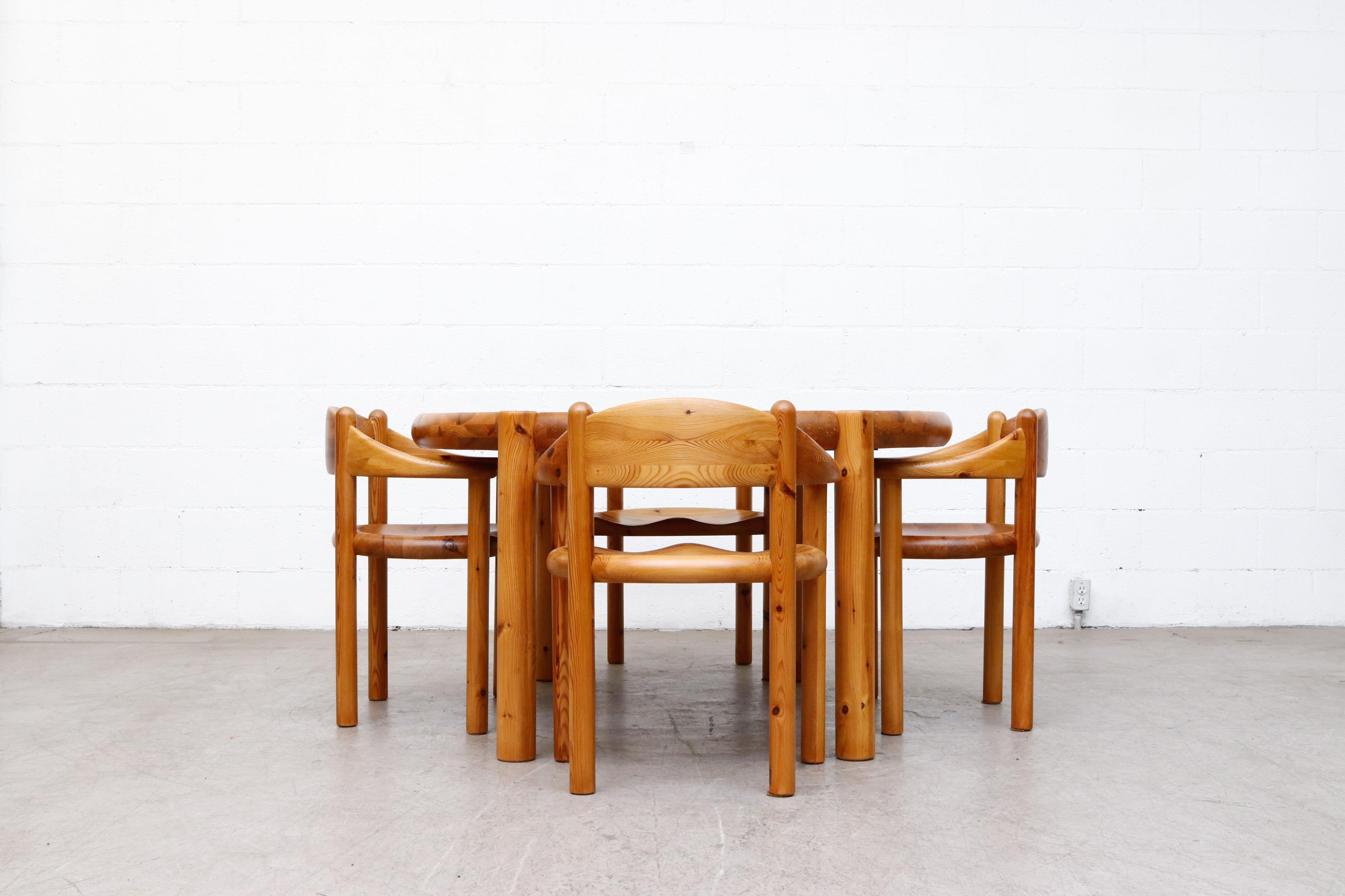 Set of 4 Rainer Daumiller elegantly carved pine dining chairs for Hirtshals Savvaerk. Lightly refinished with wear consistent with their age and use. Set price.