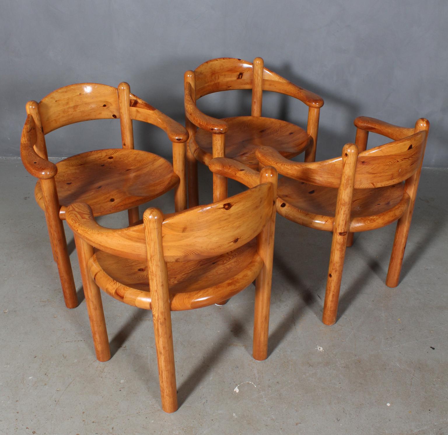 Elegantly carved naturally finished Rainer Daumiller style pine dining chairs. In original condition with wear attributed to age and use. Set price.


   
