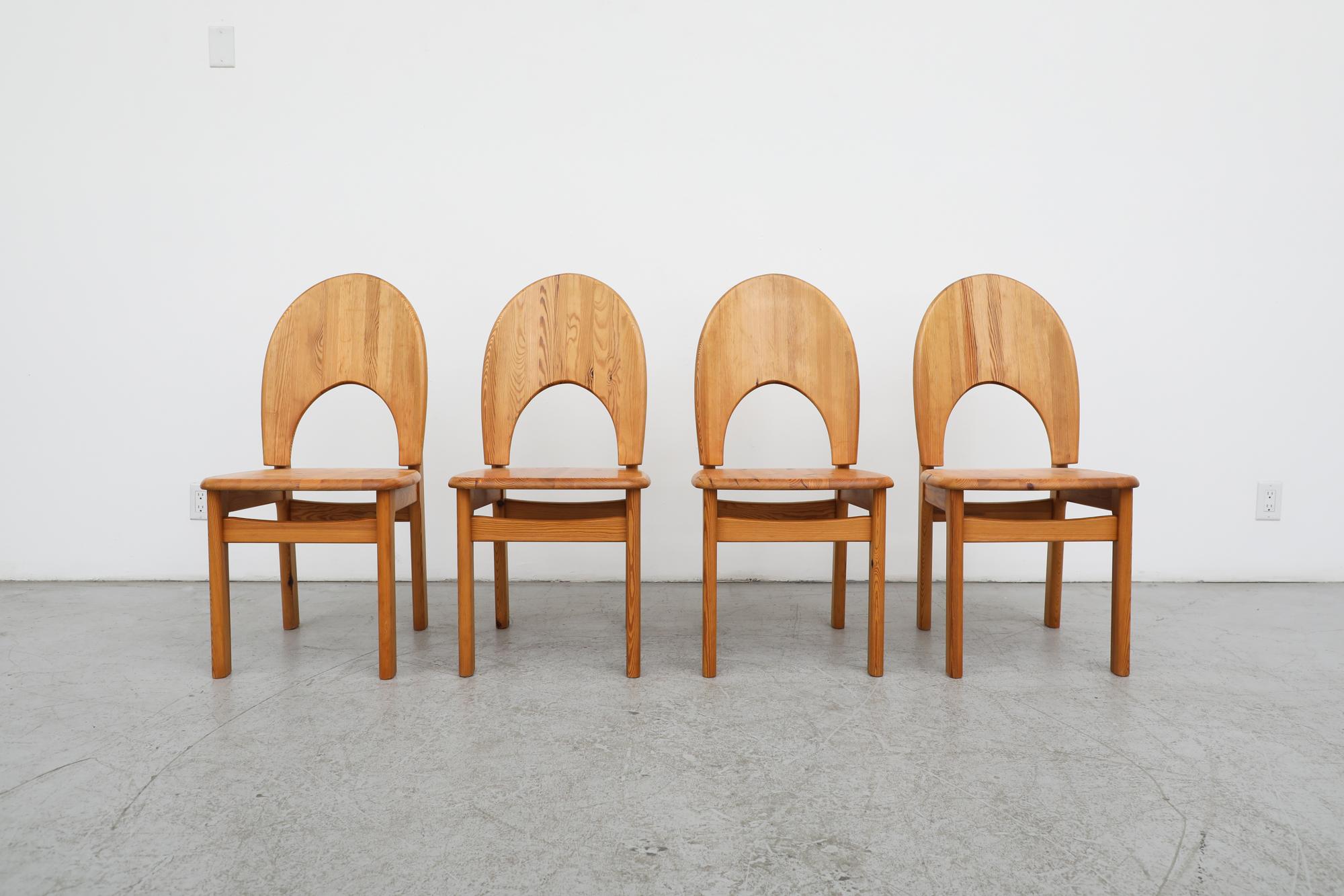 Beautiful Mid-Century set of 4 Rainer Daumiller designed plyafully curved pine dining chairs for Danish post-war furniture manufacturer Hirtshals Savvaerk. The chairs have an attractive wood grain that is accentuated by the elegant curves and their