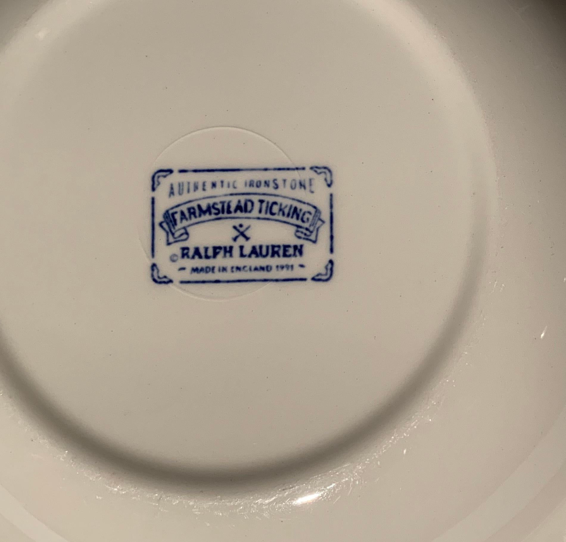 Late 20th Century Set of 4 Ralph Lauren Farmstead Blue Ticking Rimmed Soup / Pasta Bowls