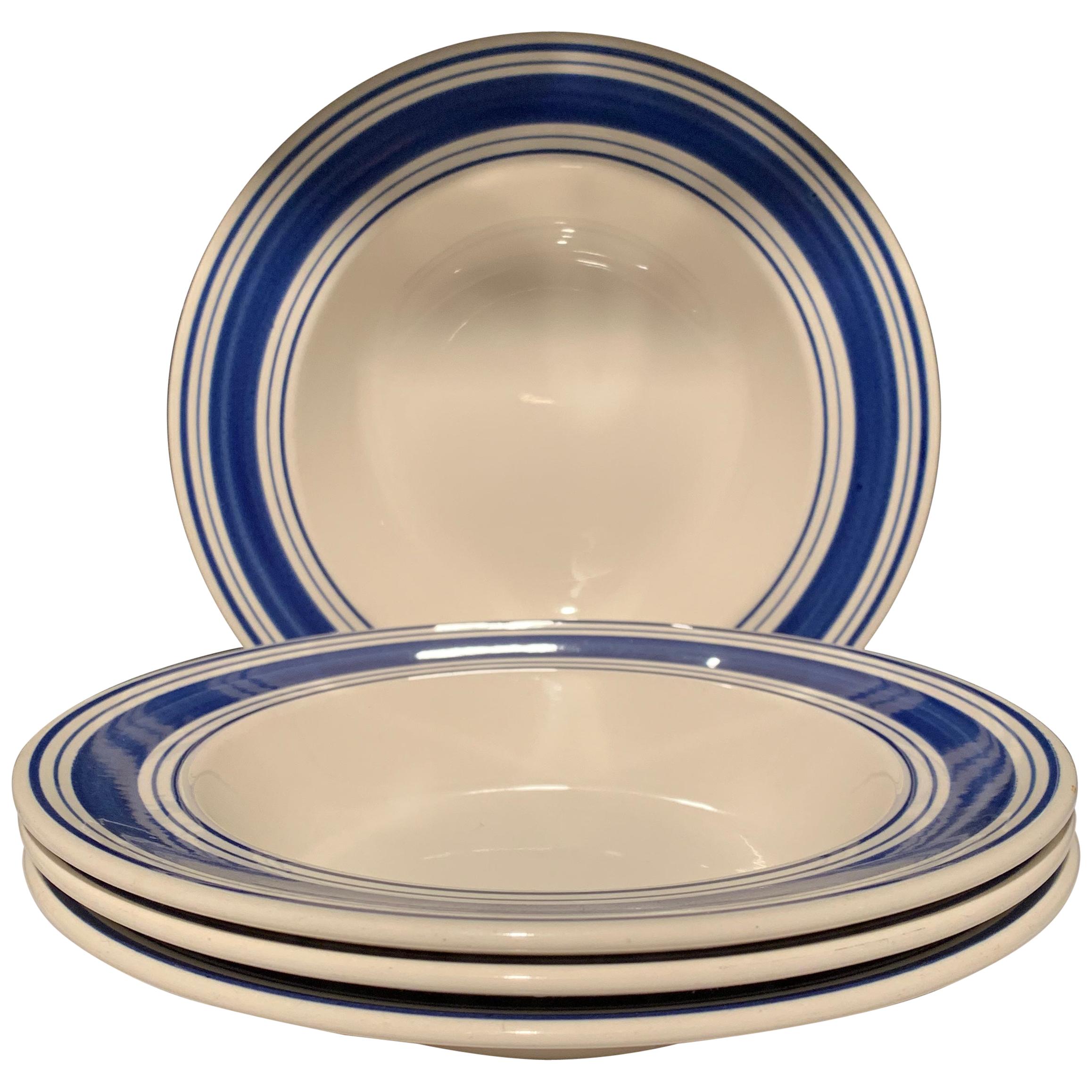 Set of 4 Ralph Lauren Farmstead Blue Ticking Rimmed Soup / Pasta Bowls