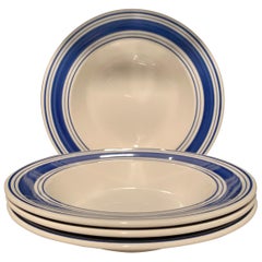 Set of 4 Ralph Lauren Farmstead Blue Ticking Rimmed Soup / Pasta Bowls