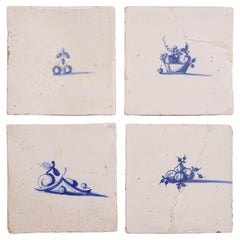 Set of 4 rare Delft tiles of fruit, 17th Century