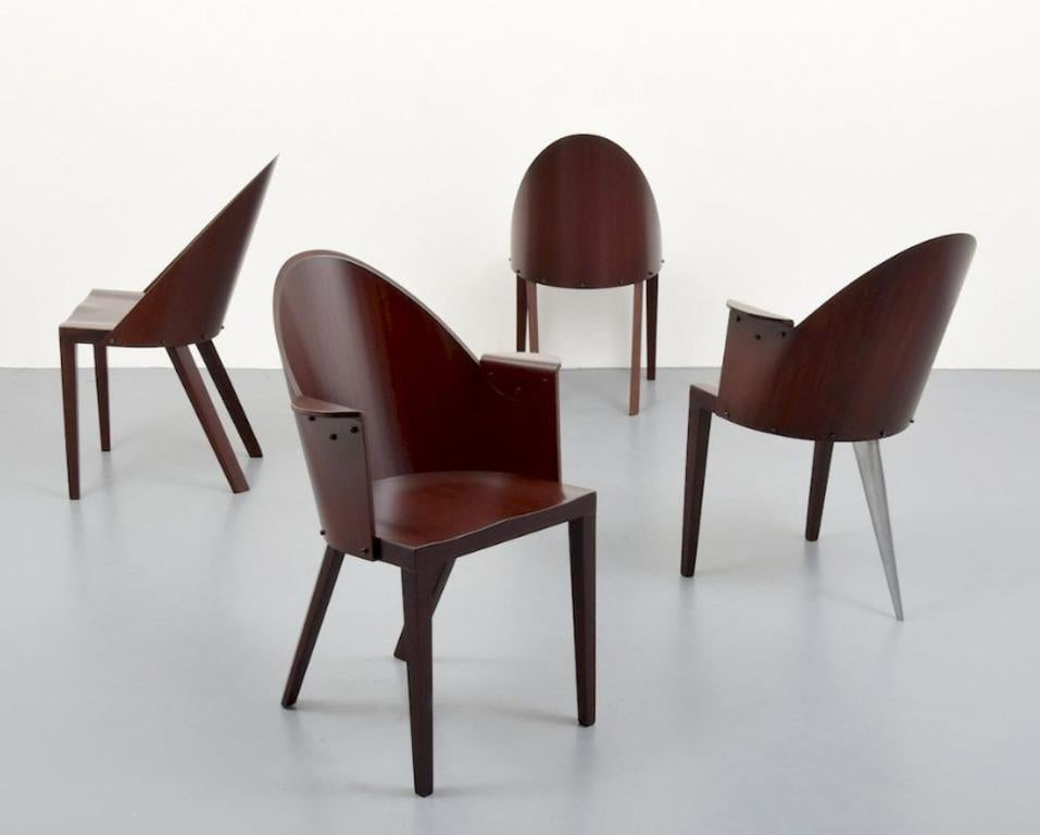 Set of 4 rare 4 Philippe Starck chairs from the Royalton Hotel, NYC.

This set is comprised of two armchairs and two side chairs. One arm chair is the three-legged form.

Original labels.

Royalton Hotel is located just east of Times Square in