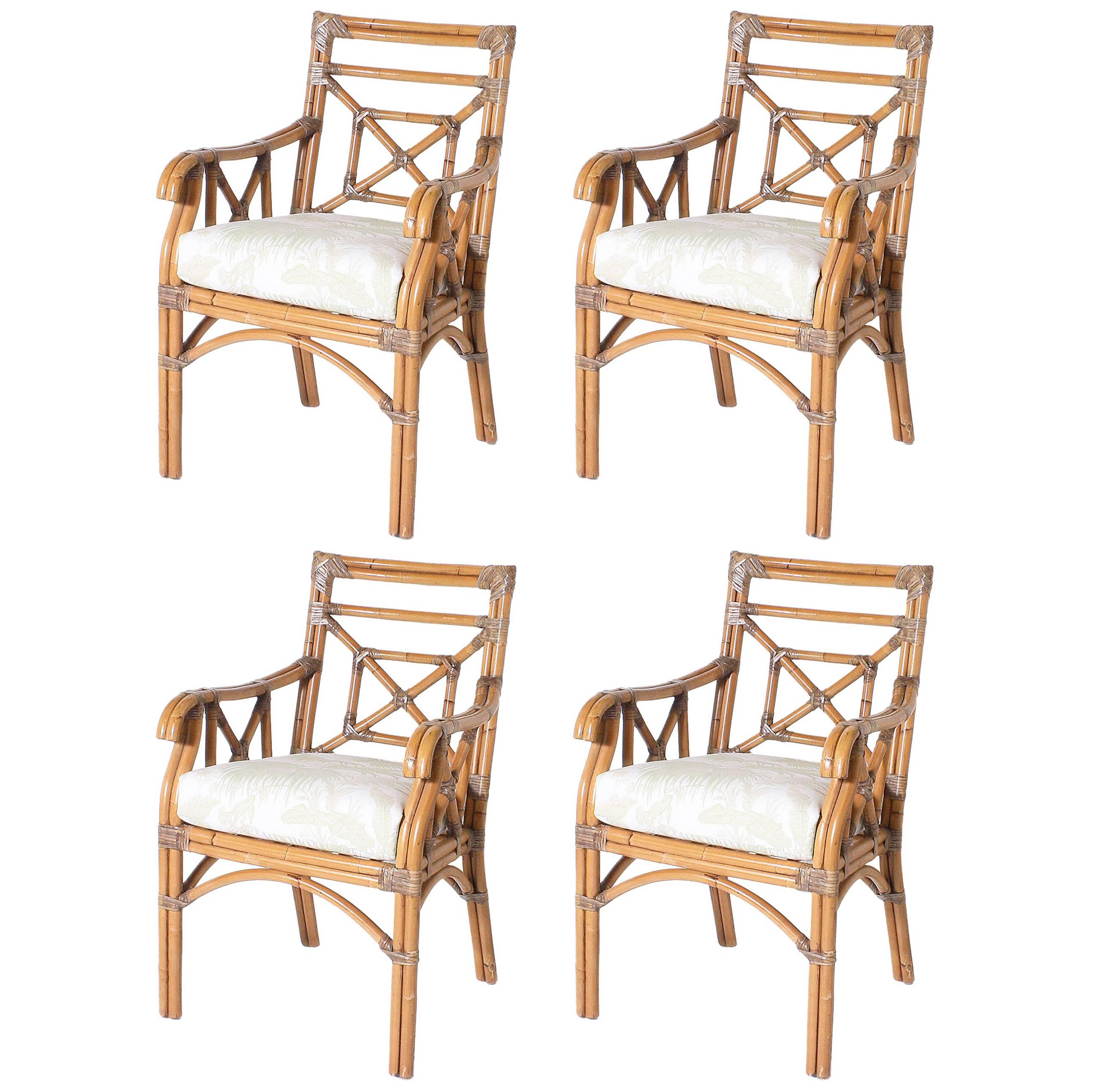 Set of Four Rattan and Bamboo Armchairs, circa 1960