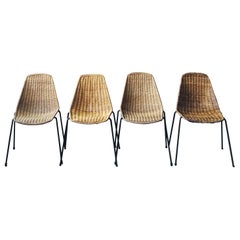 Set of 4 Rattan and Black Metal  Basket Chairs by Gian Franco Legler