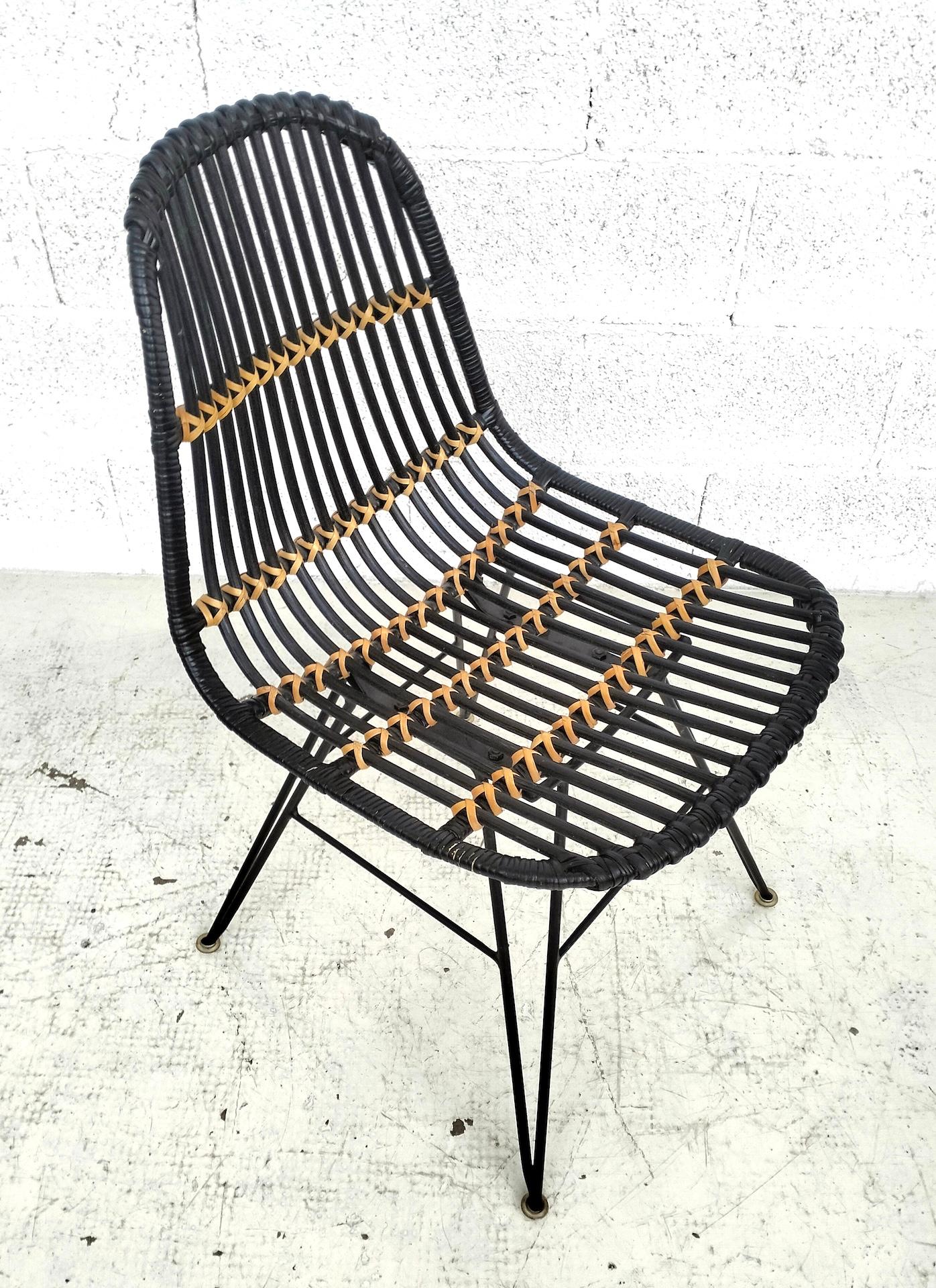 Metallo Set di 4 sedie in rattan e metallo dal design anni '60 in vendita