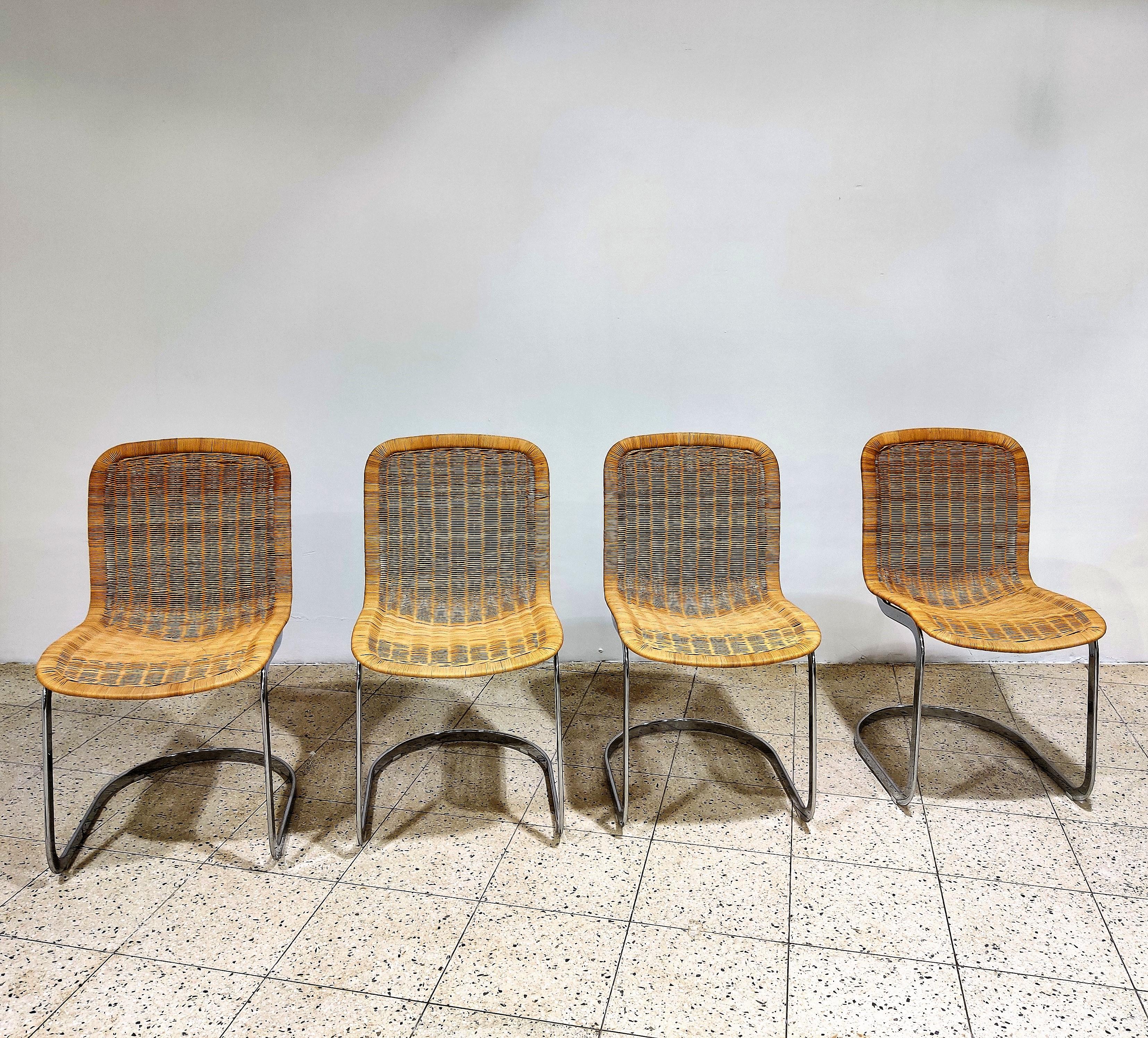 Set of 4 rare dining chairs in rattan and chrome by Cidue.

The same chairs in leather are known to be designed by Willy Rizzo.

Good condition, polished chrome.

Labeled 'Cidue'

The chairs still look up to date in modern day interiors and