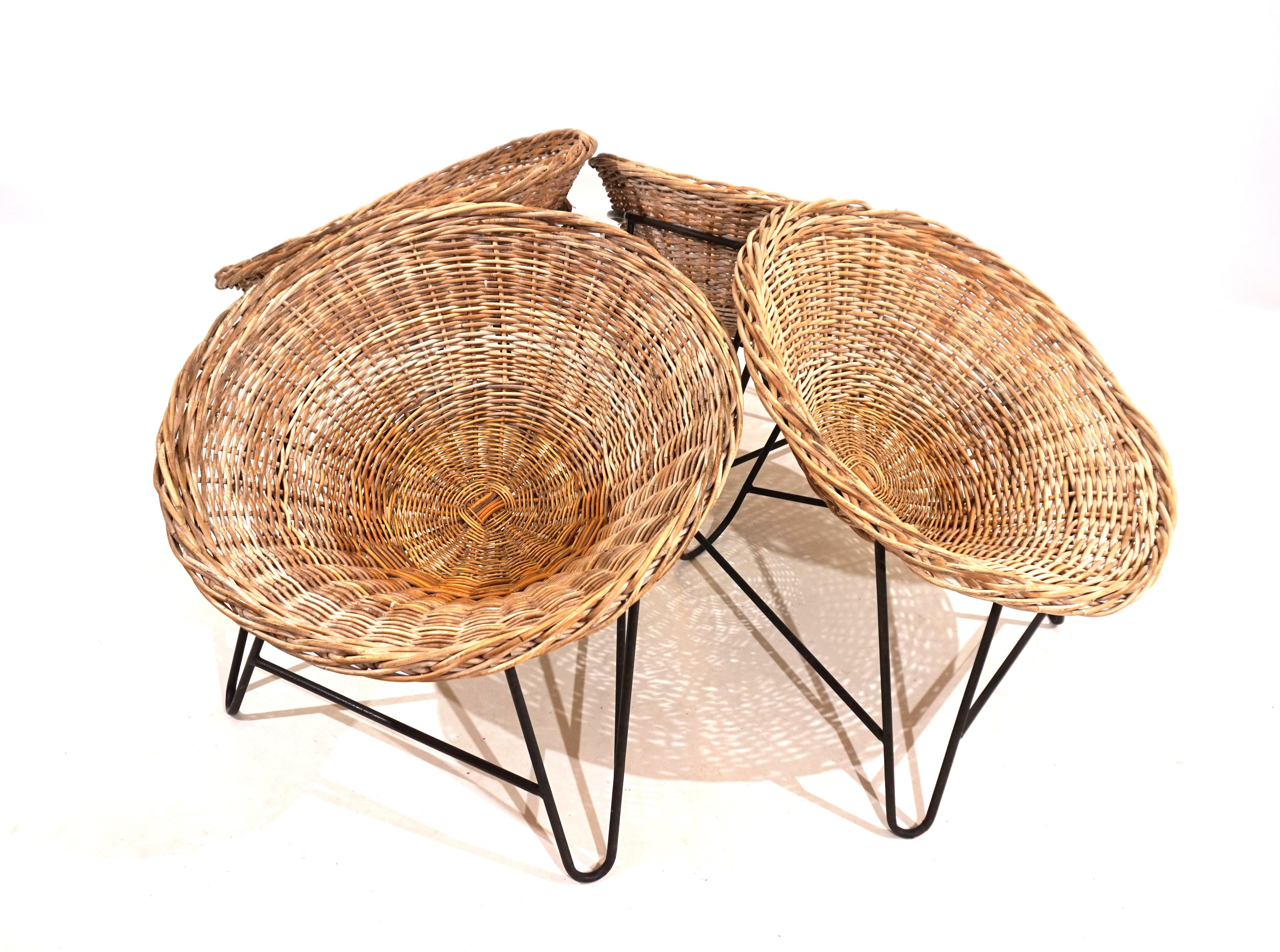 The set of 4 rattan pod chairs is in good condition. The wickerwork shows no signs of damage and is solid; the metal frame covered in black plastic has some of the plastic coating coming off and shows signs of wear. The chairs have developed a