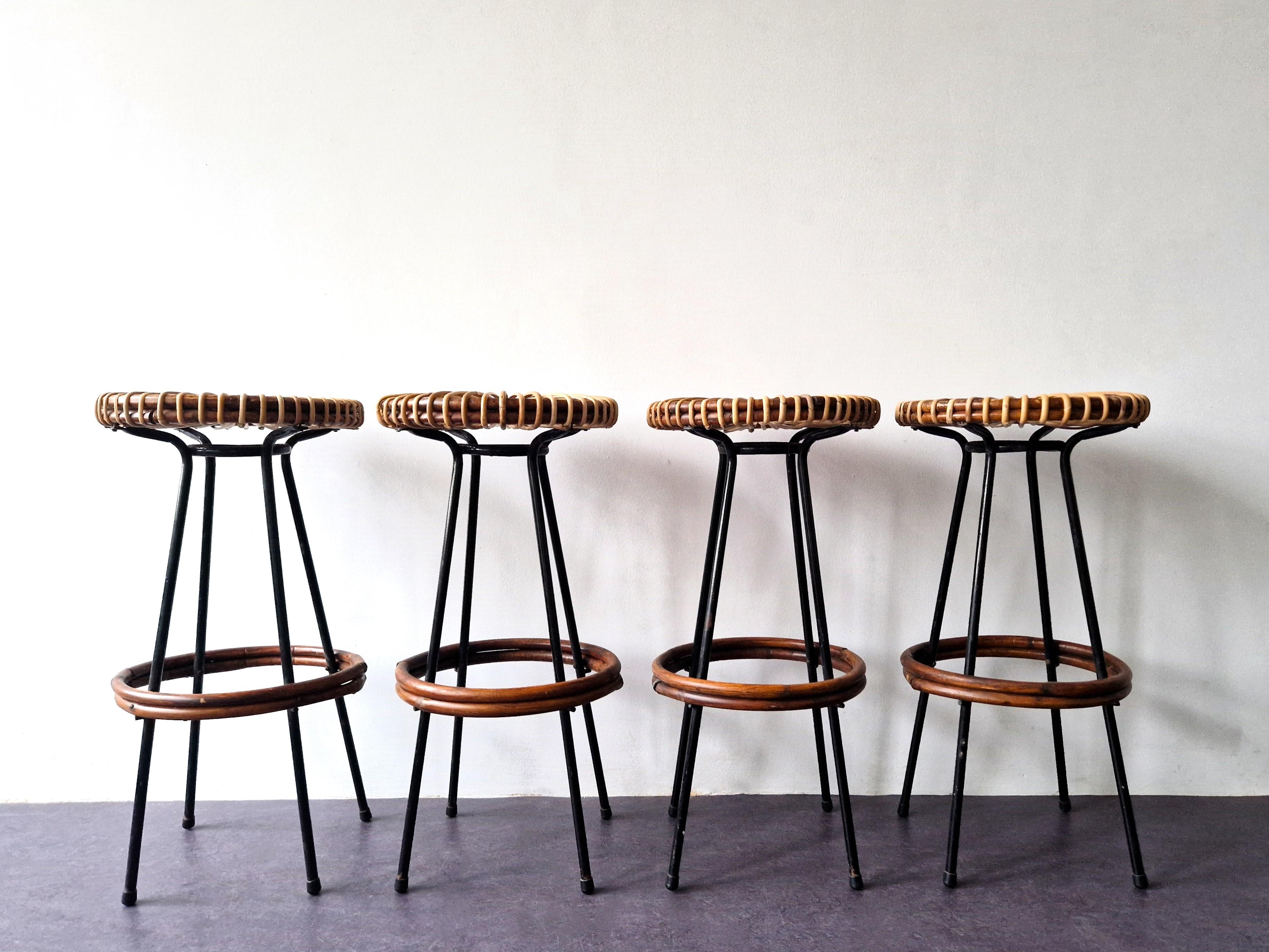 Set of 4 rattan stools for Rohé Noordwolde, The Netherlands 1960's 2