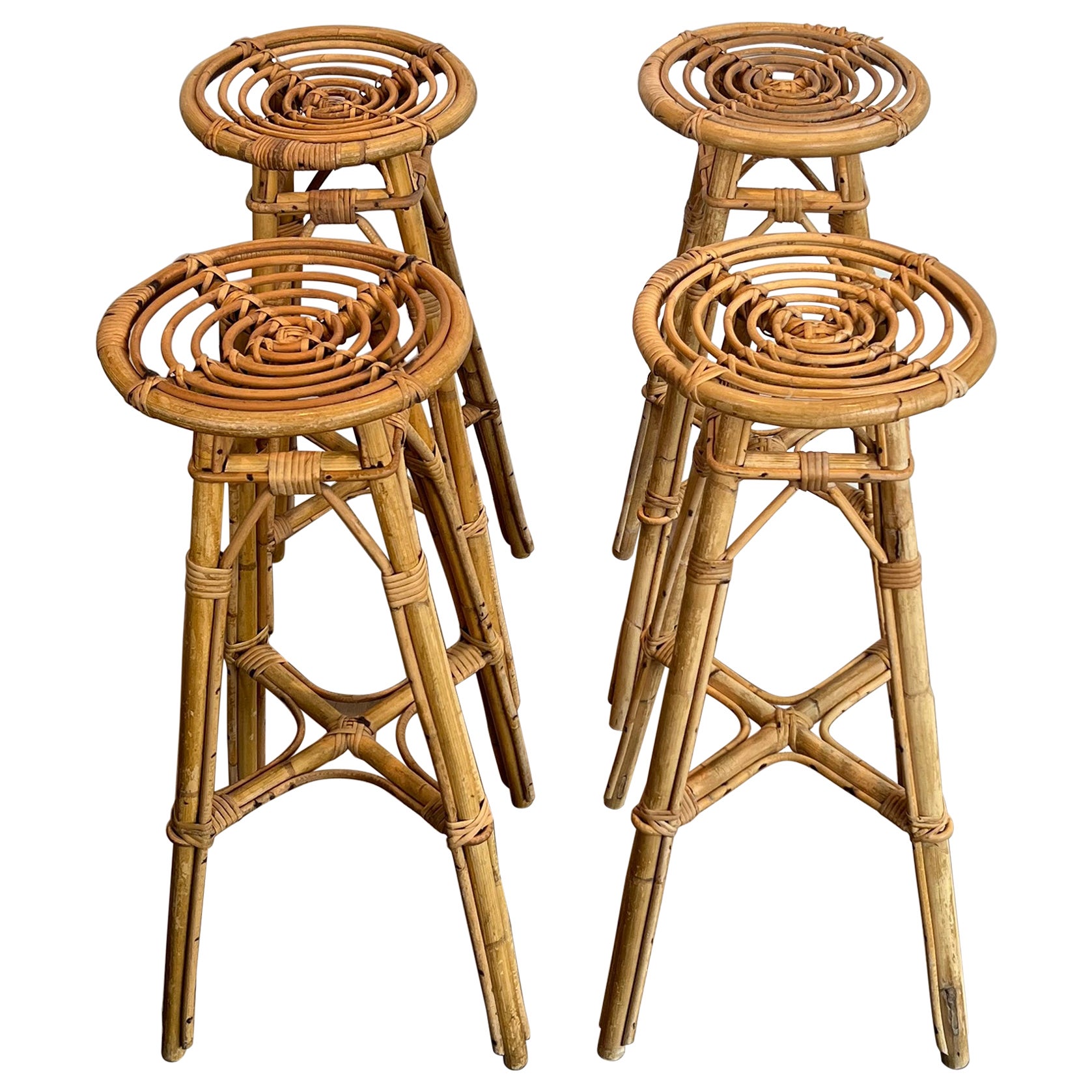 Set of 4 Rattan Stools. French. Circa 1970
