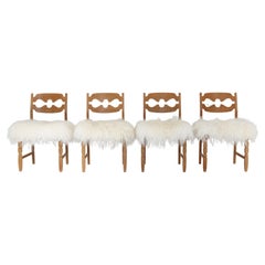 Vintage Set of 4 Razor Blade Dining Chairs in Oak & Sheepskin by Henry Kjærnulf, Denmark