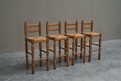 Ensemble de 4 tabourets de bar Razorblade en chêne massif et jonc des années 1960