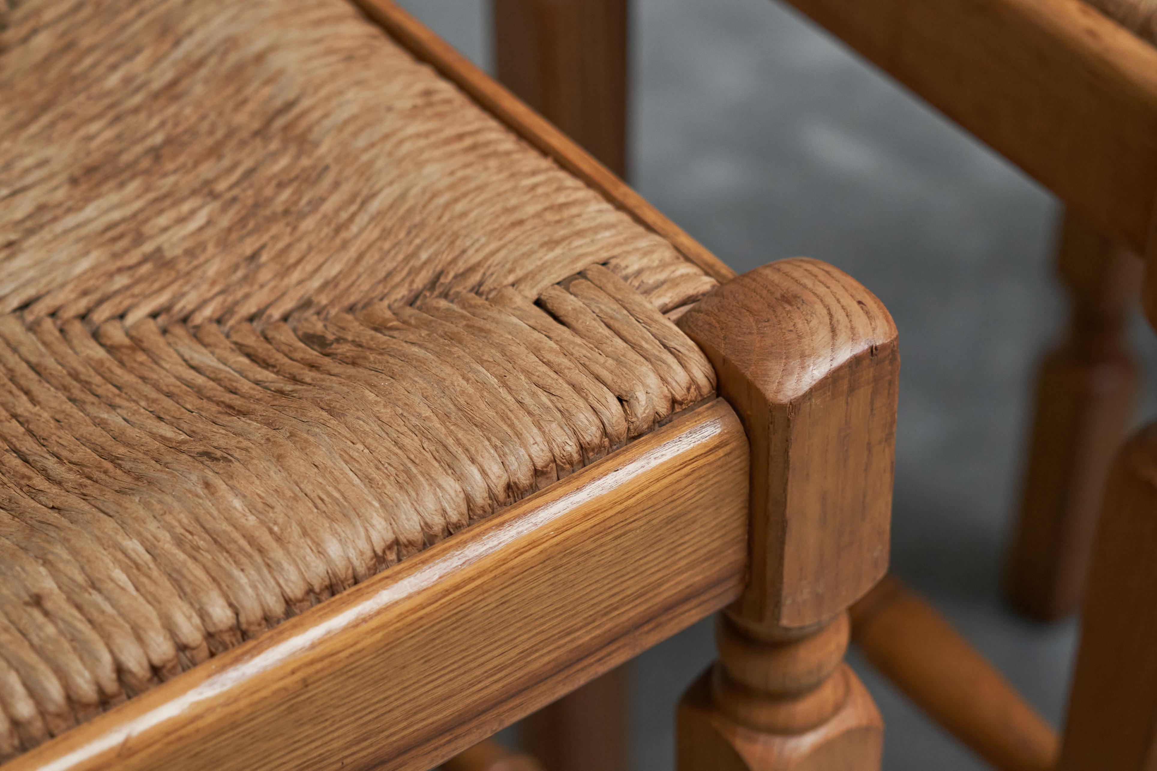 Set of 4 Razorblade Bar Stools in Solid Oak and Rush 1960s For Sale 1