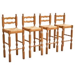 Set of 4 Razorblade Bar Stools in Solid Oak and Rush 1960s