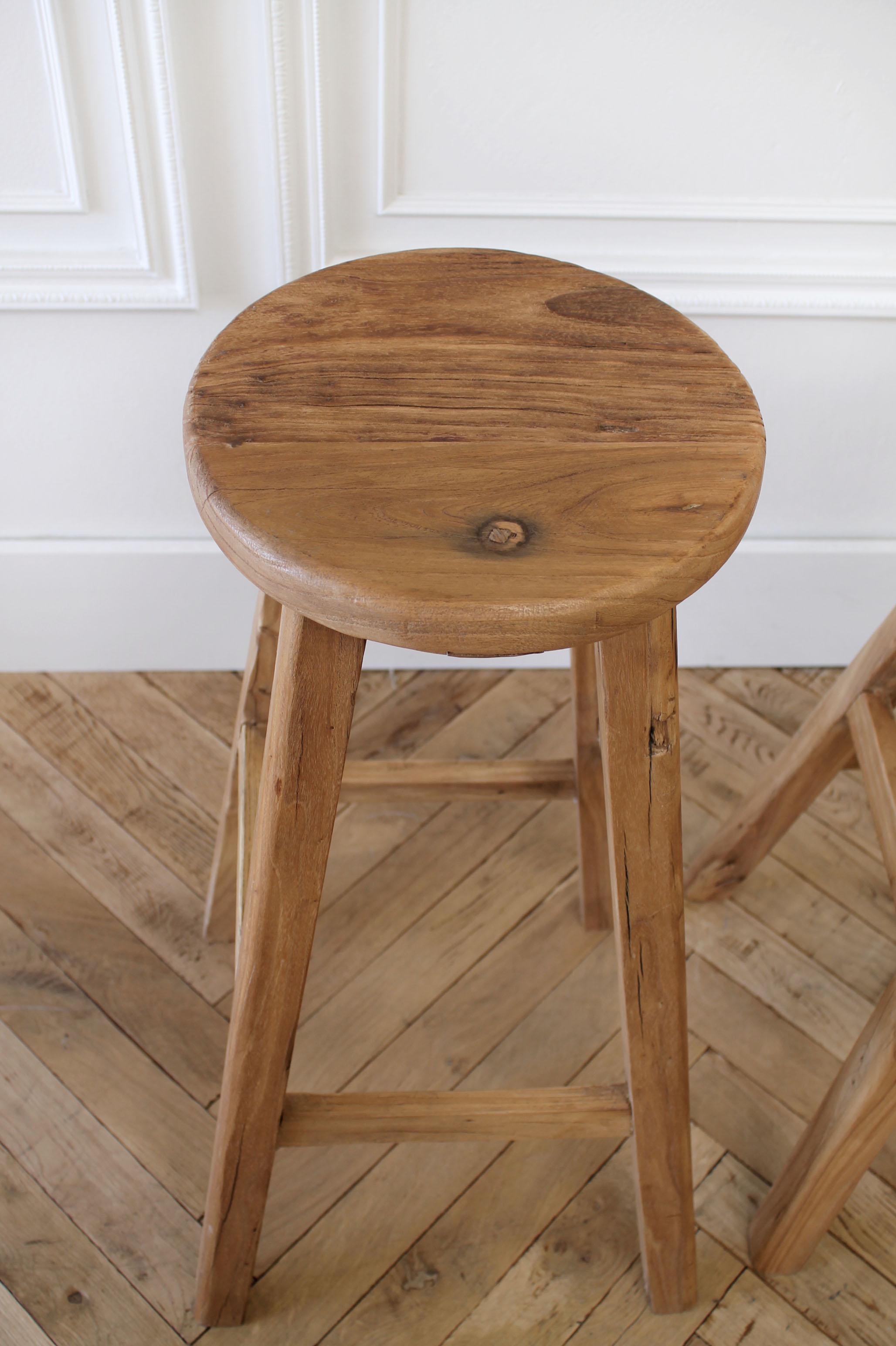 Set of 4 reclaimed elmwood bar stools
Round seats with a flat top, very solid and sturdy. Can be cut down to accommodate counter height stools.
Measures: 16
