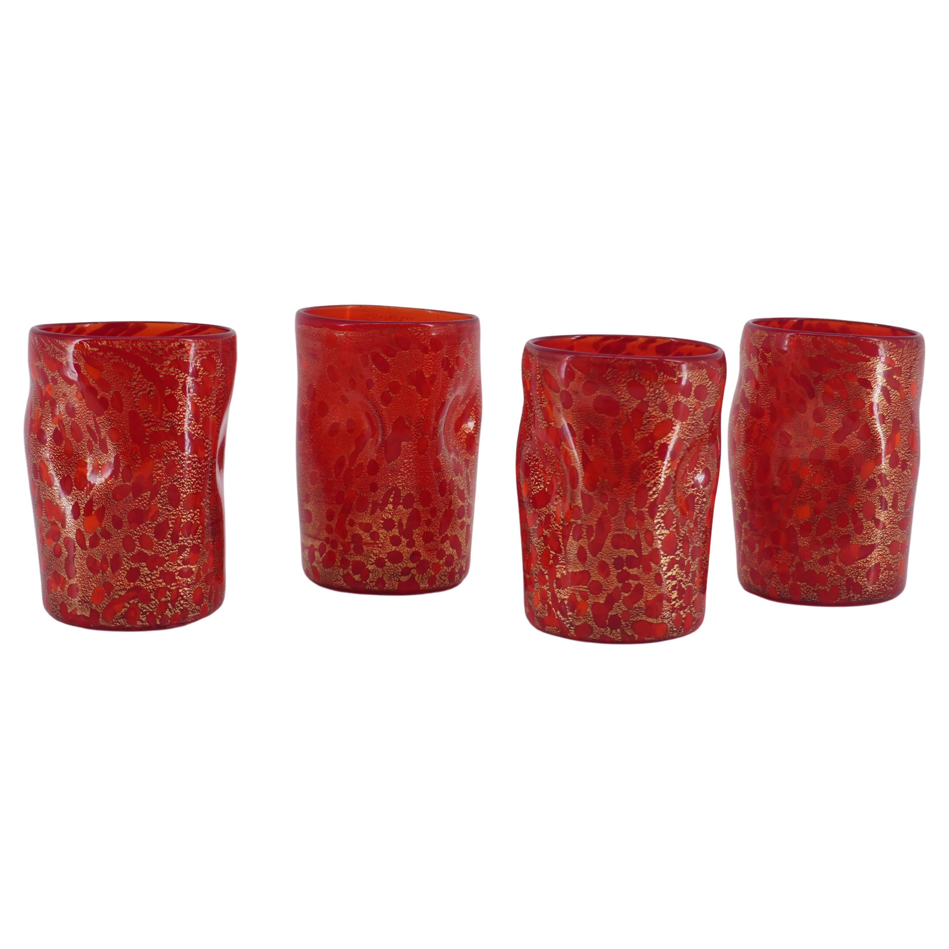 Set of 4 Red and Gold  Handmade Unique Christmas Goto Murano Drinking Glasses For Sale