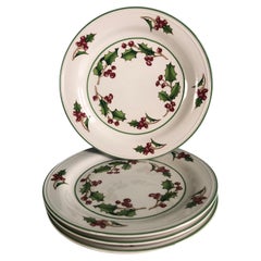 Set of '4' Red and Green Holy and Berries Festive Holiday Dessert Plates