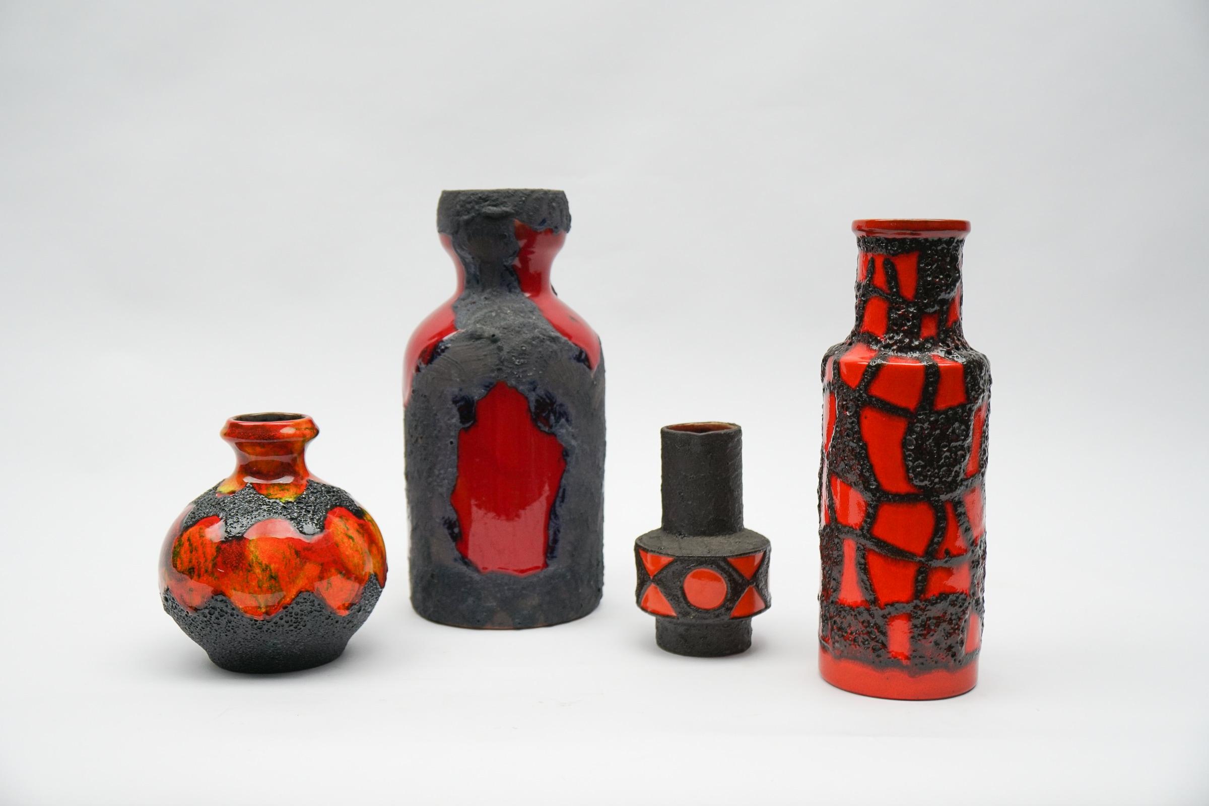 Ensemble de 4 vases en céramique de lave grasse rouge et orange, années 1960, Allemagne en vente 6