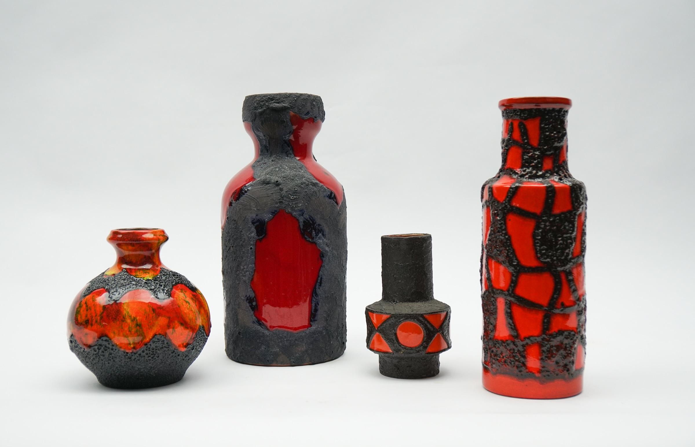 Mid-Century Modern Set of 4 Red and Orange Fat Lava Ceramic Vases, 1960s Germany For Sale
