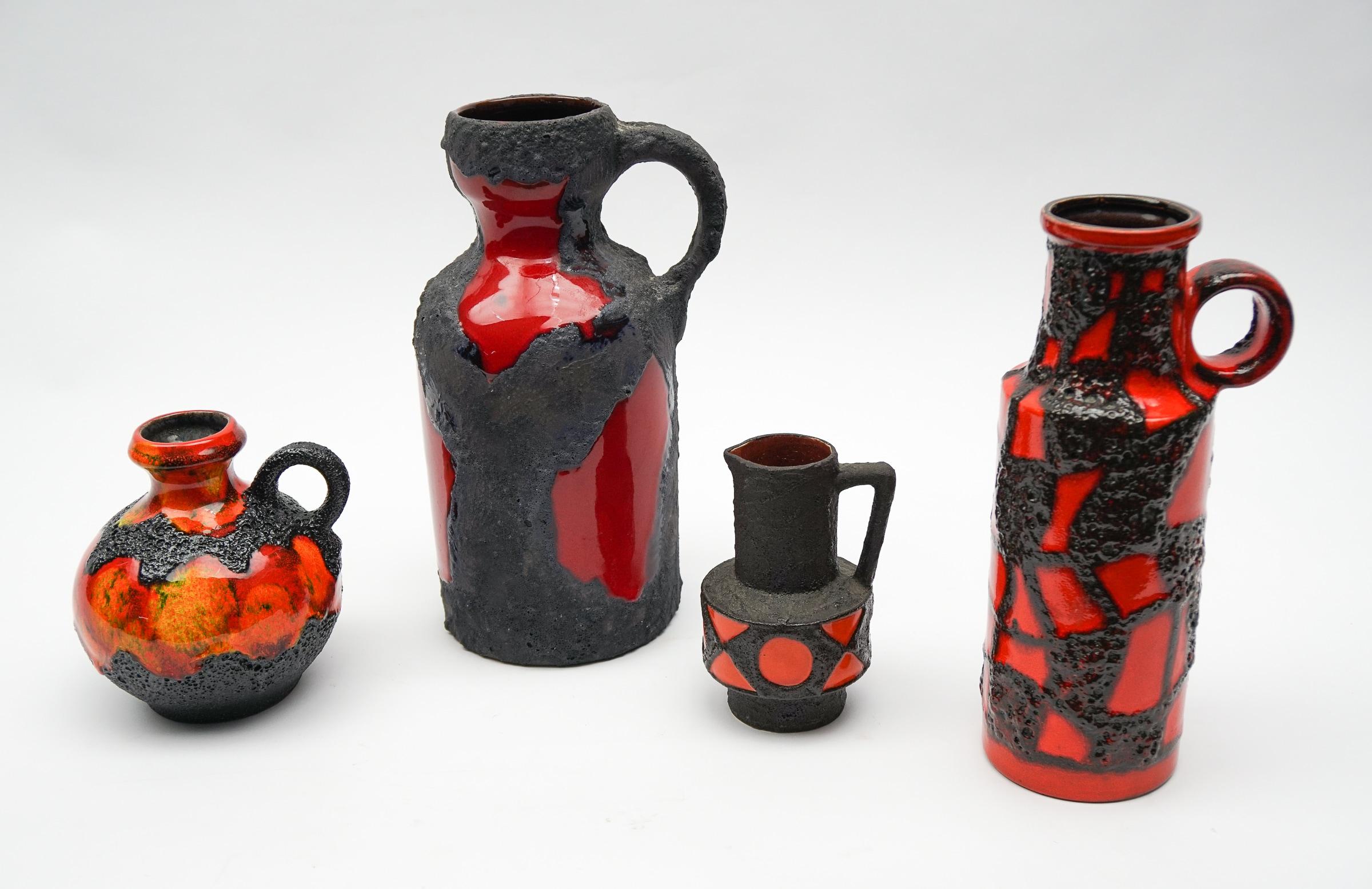 Allemand Ensemble de 4 vases en céramique de lave grasse rouge et orange, années 1960, Allemagne en vente