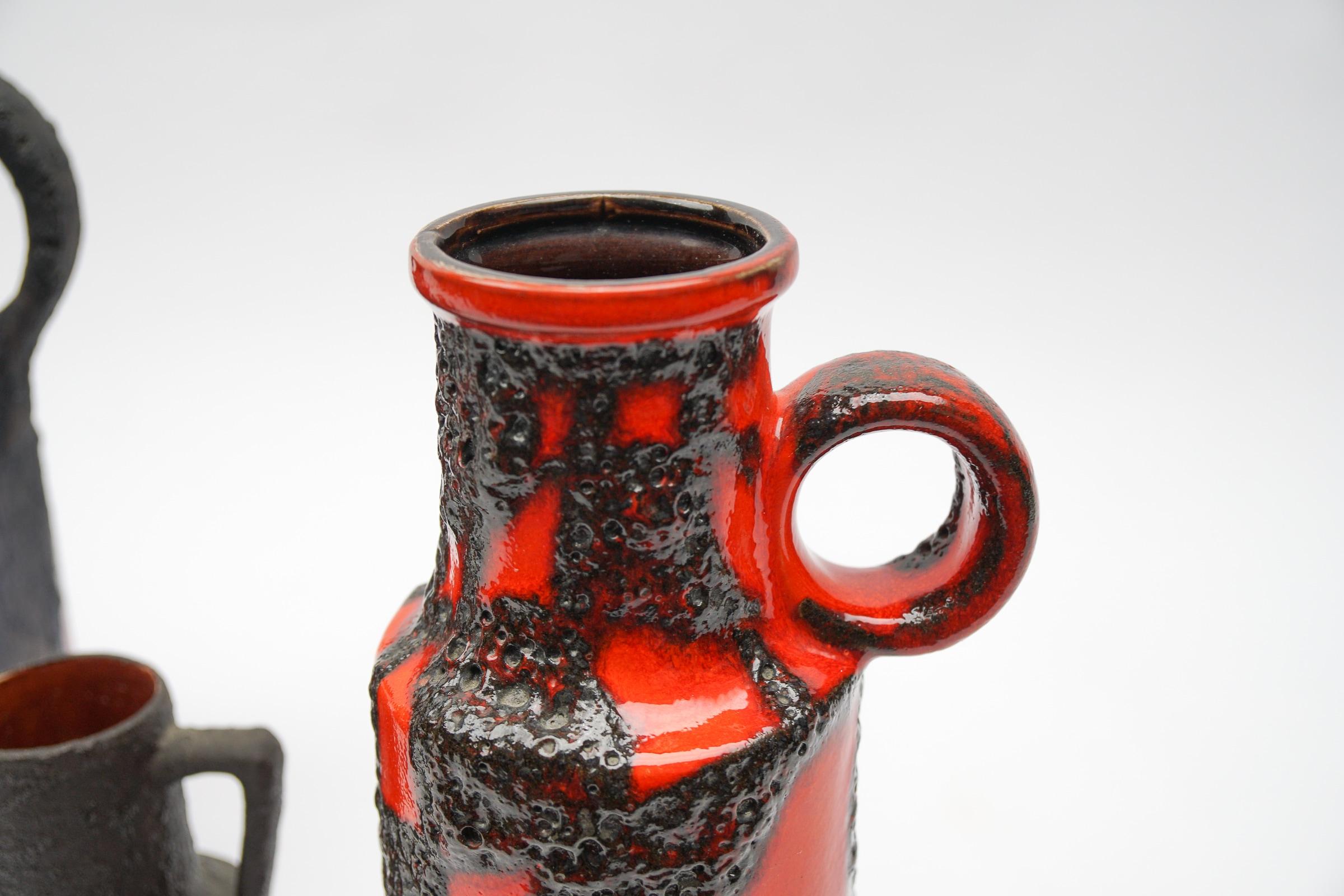 Ensemble de 4 vases en céramique de lave grasse rouge et orange, années 1960, Allemagne en vente 2