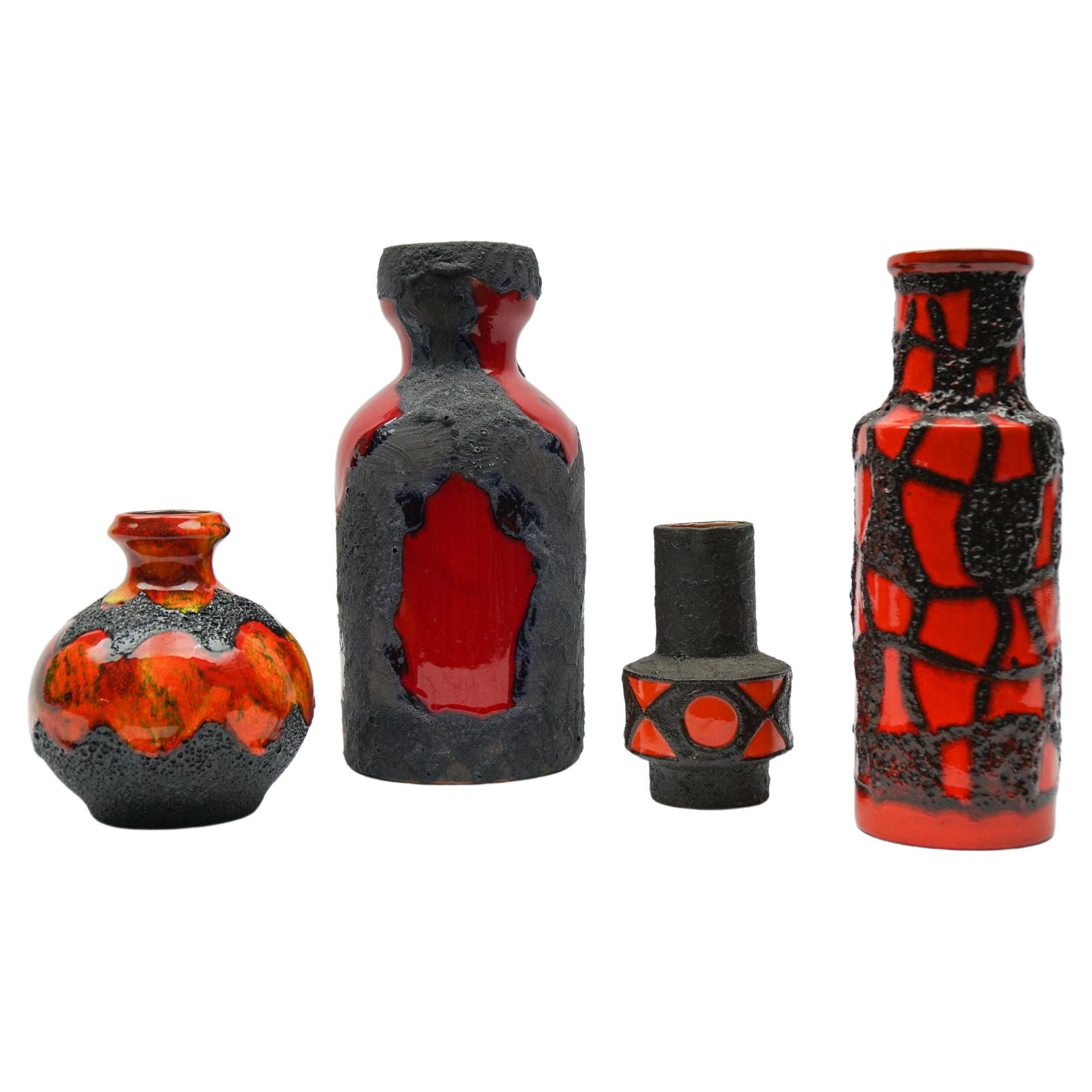 Ensemble de 4 vases en céramique de lave grasse rouge et orange, années 1960, Allemagne en vente