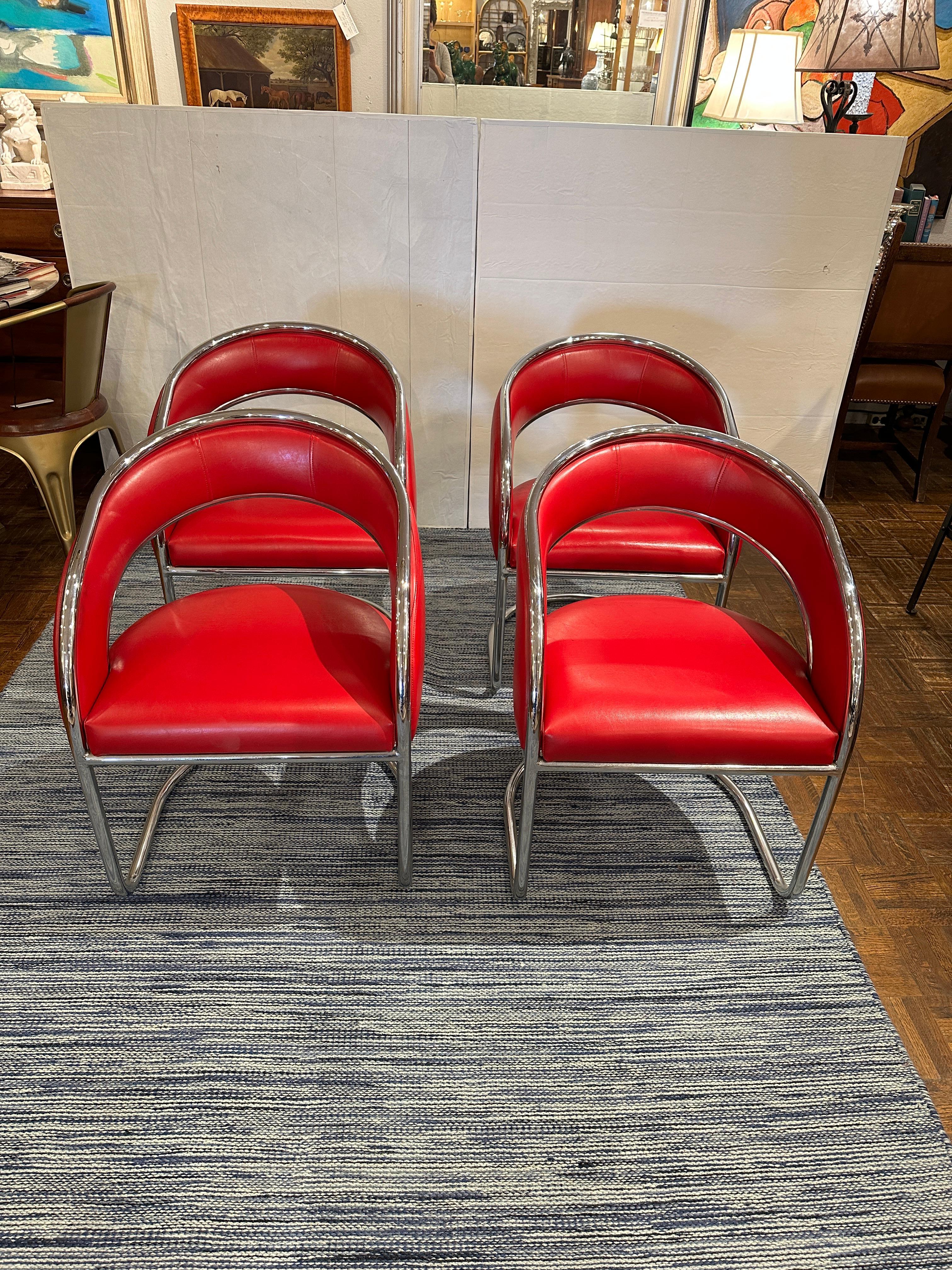 Set of 4 Red Leather Lounge Chairs, Mid Century  For Sale 3