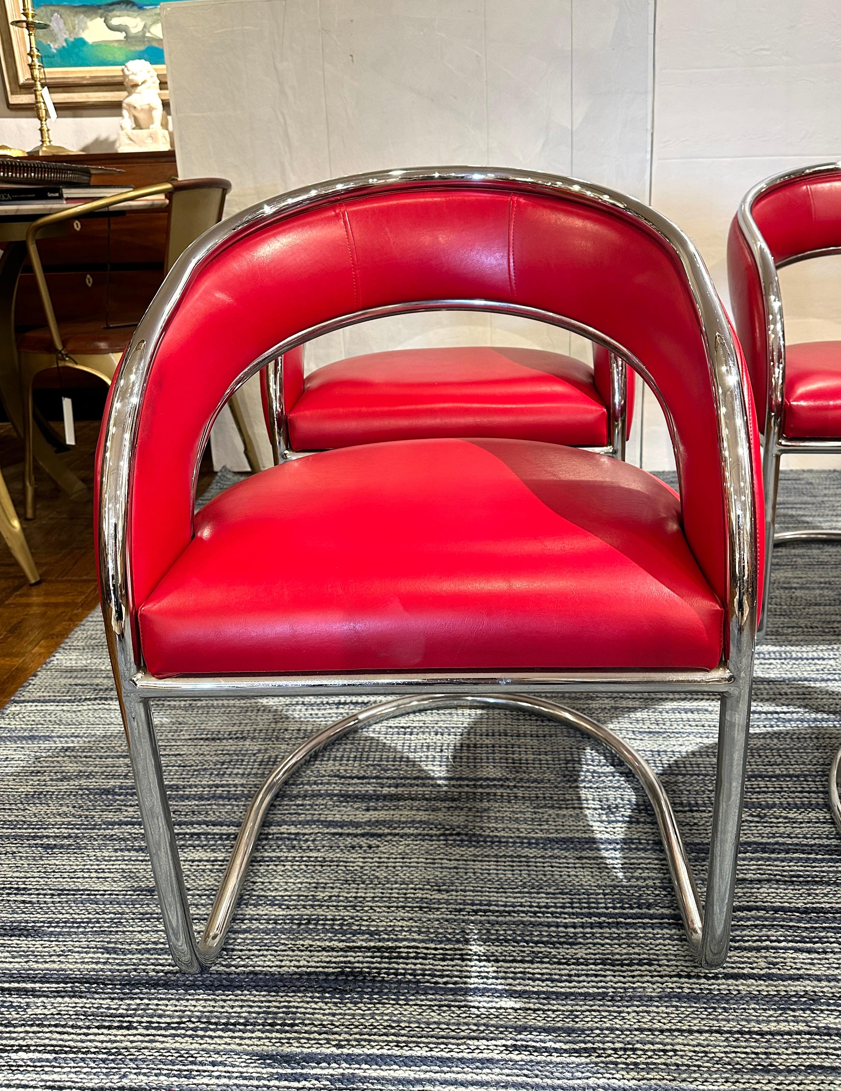 Set of 4 Red Leather Lounge Chairs, Mid Century  For Sale 4