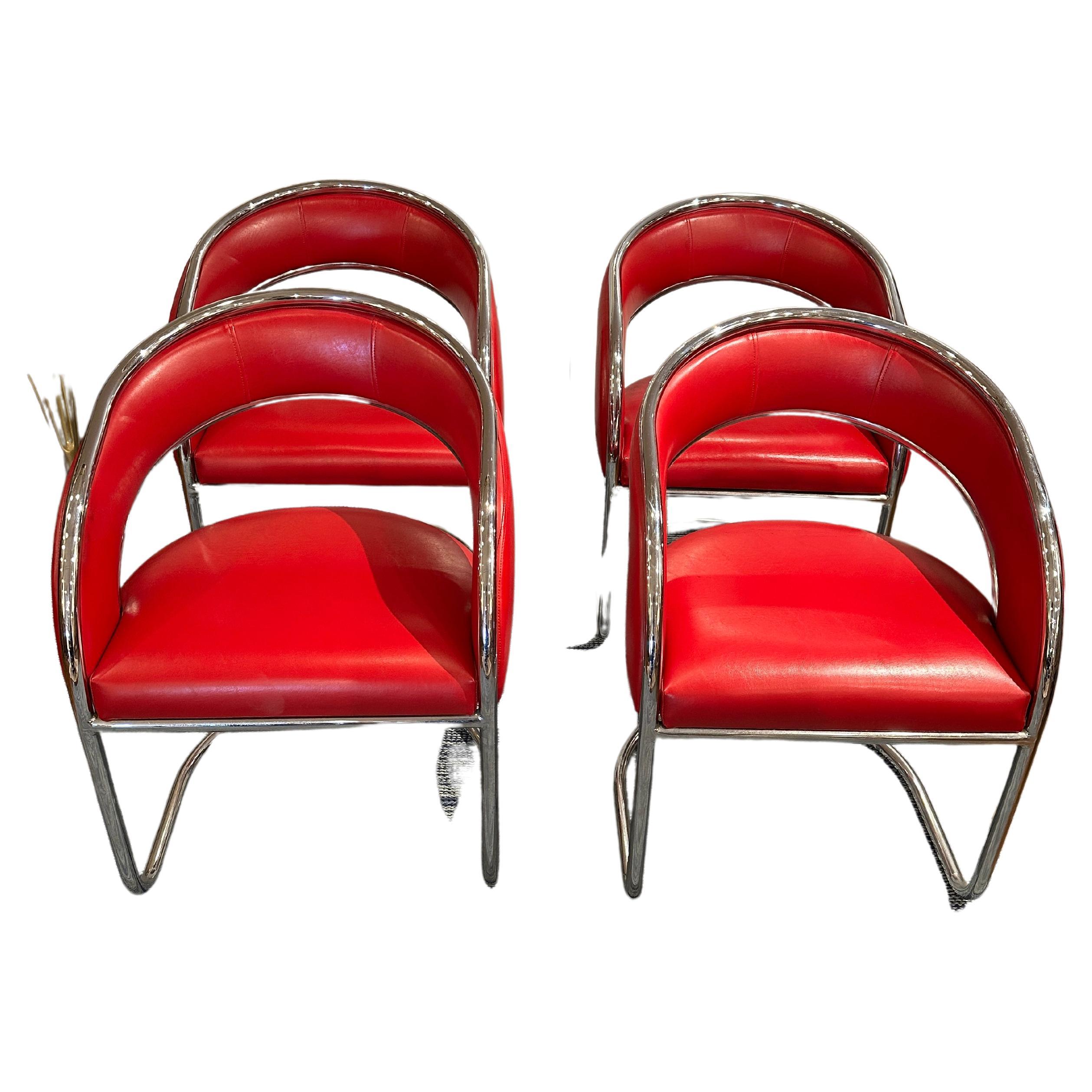Set of 4 Red Leather Lounge Chairs, Mid Century  For Sale