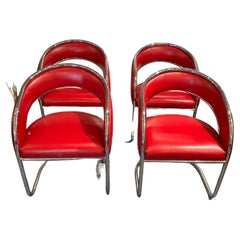 Set of 4 Red Leather Lounge Chairs, Mid Century 